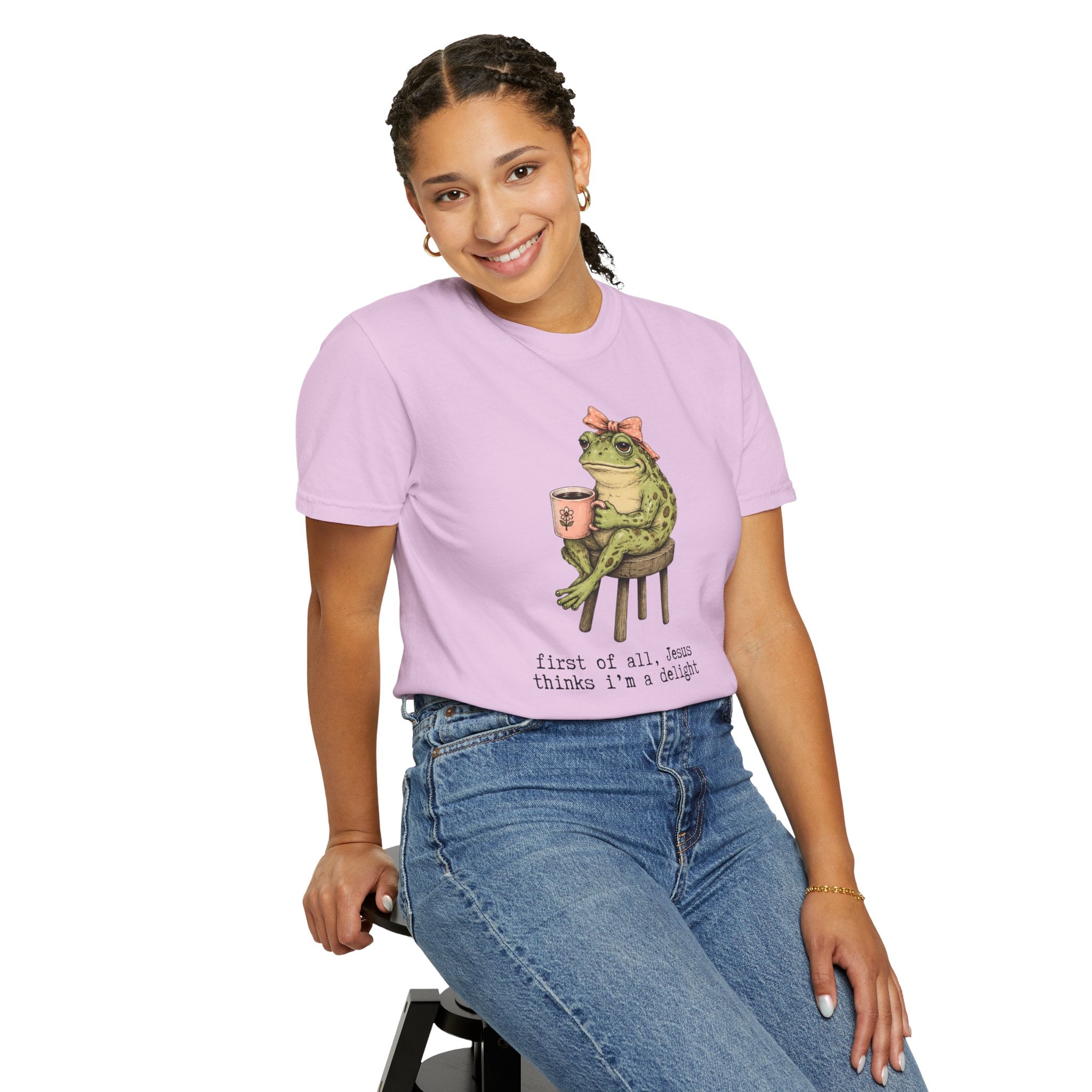 T-Shirt — "First of all, Jesus thinks I'm a delight" Frog Graphic