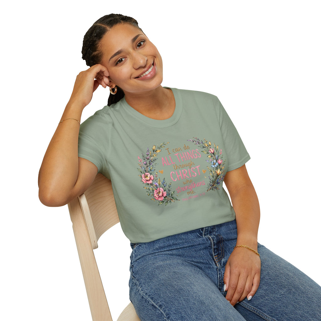 Christian Floral T‑Shirt — "I Can Do All Things Through Christ" Inspirational Tee