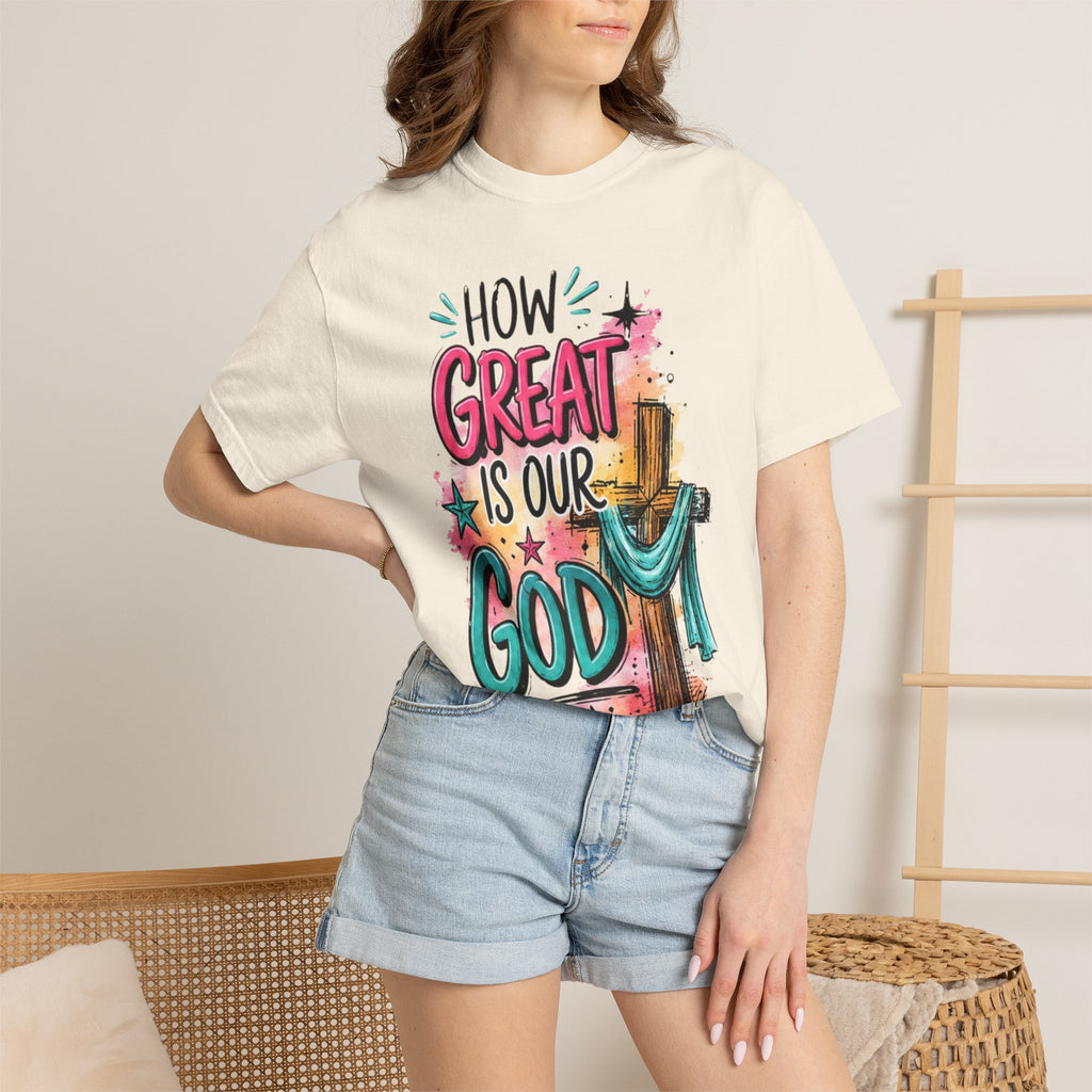 How Great Is Our God Christian T-Shirt — Cross Illustration & Inspirational Scripture Tee