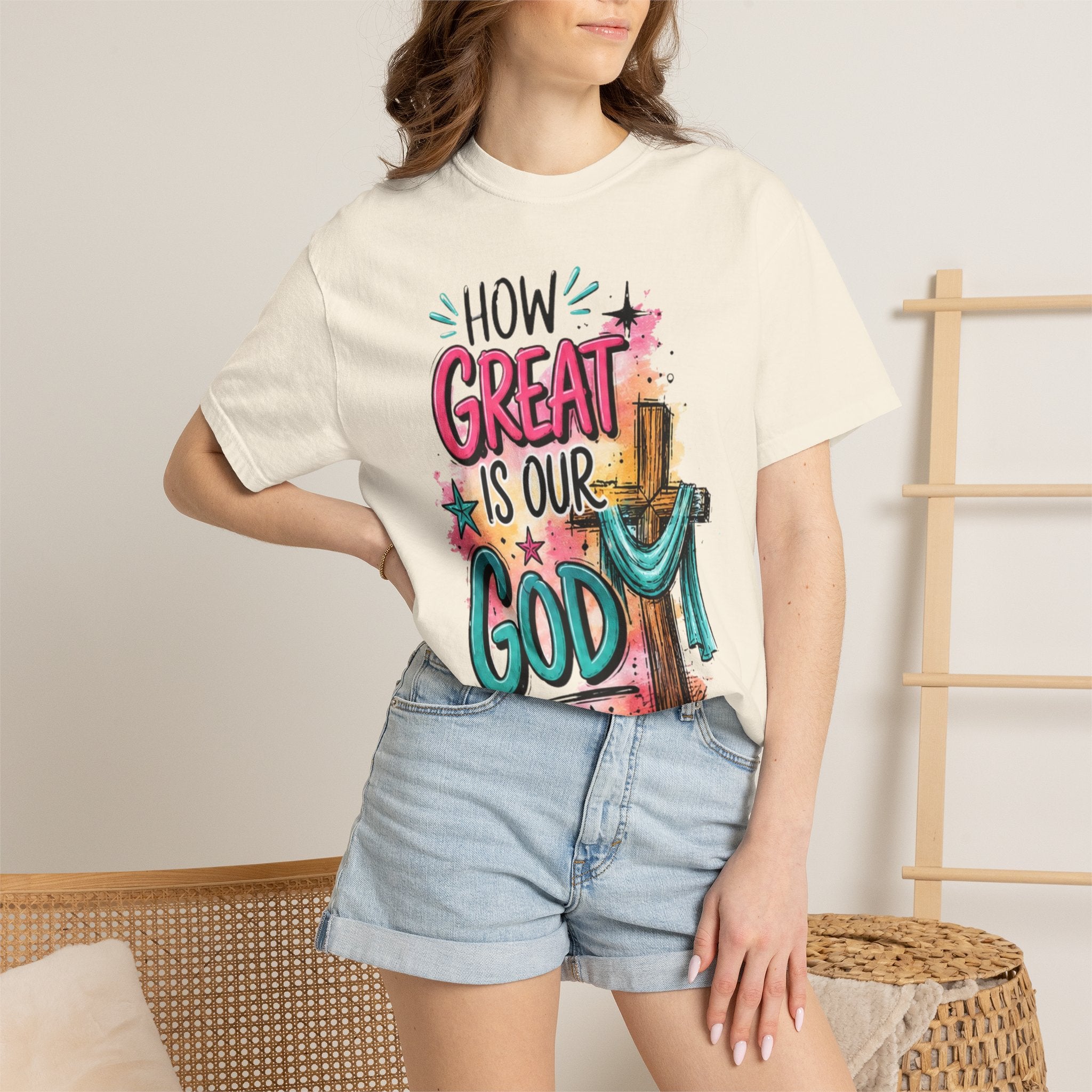 How Great Is Our God Christian T-Shirt — Cross Illustration & Inspirational Scripture Tee