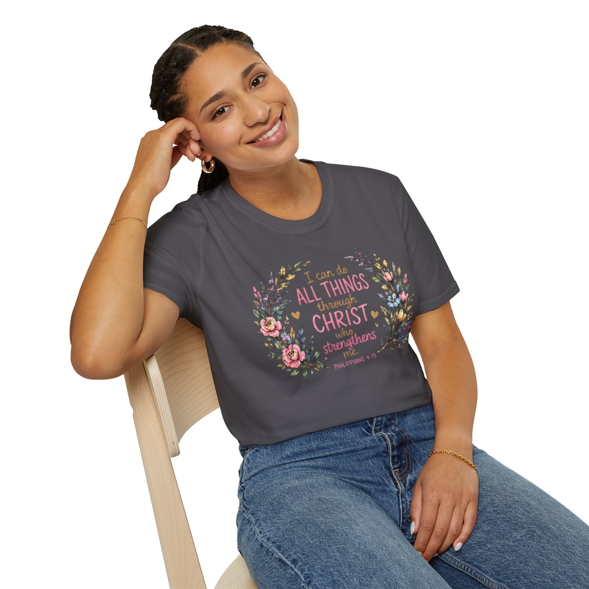 Christian Floral T‑Shirt — "I Can Do All Things Through Christ" Inspirational Tee