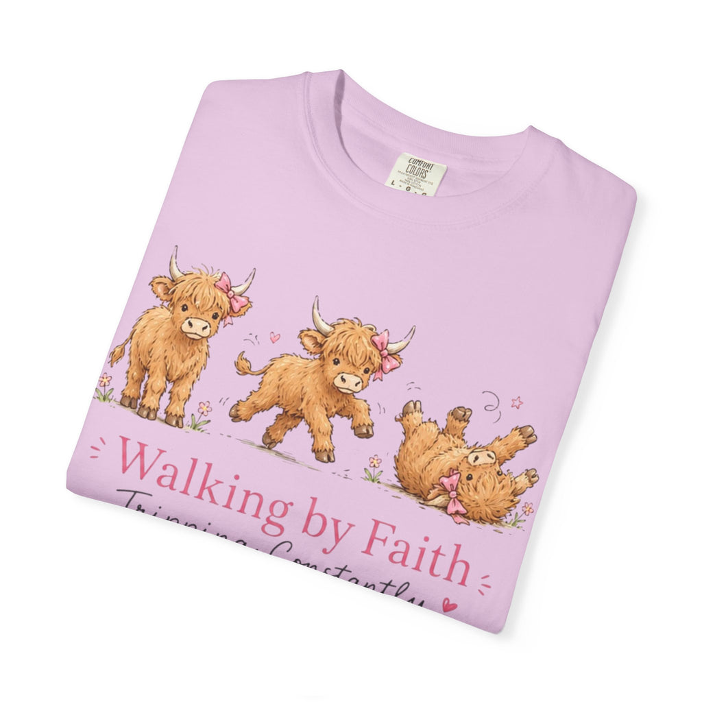 Walking by Faith T‑Shirt — Cute Highland Cow Trio "Walking by Faith, Tripping Constantly"