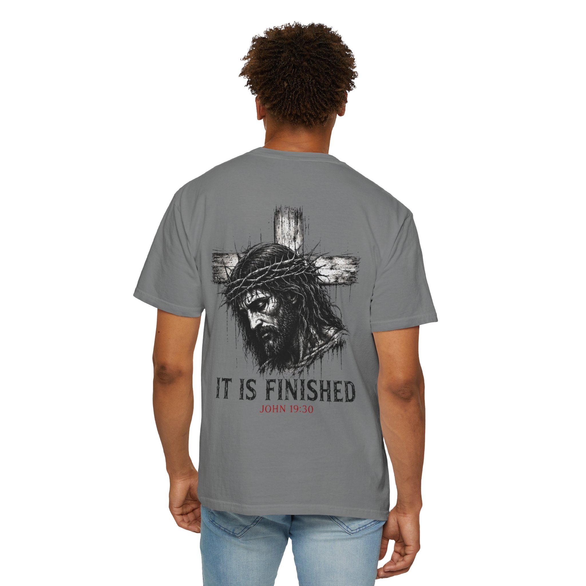 Religious T-Shirt - 'It Is Finished' Jesus Crown of Thorns Cross Tee (John 19:30)