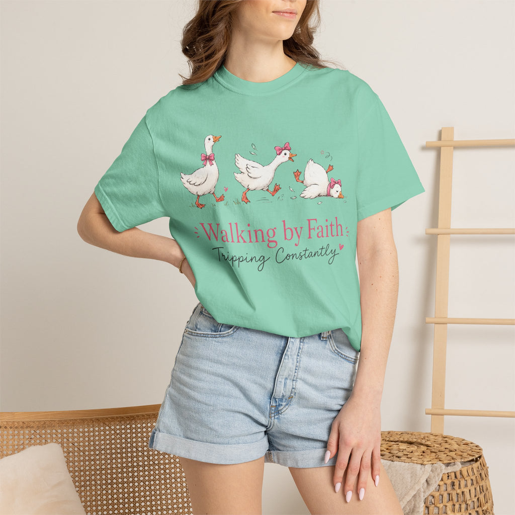 Walking by Faith Duck T‑Shirt — 'Walking by Faith, Tripping Constantly' Cute Christian Tee
