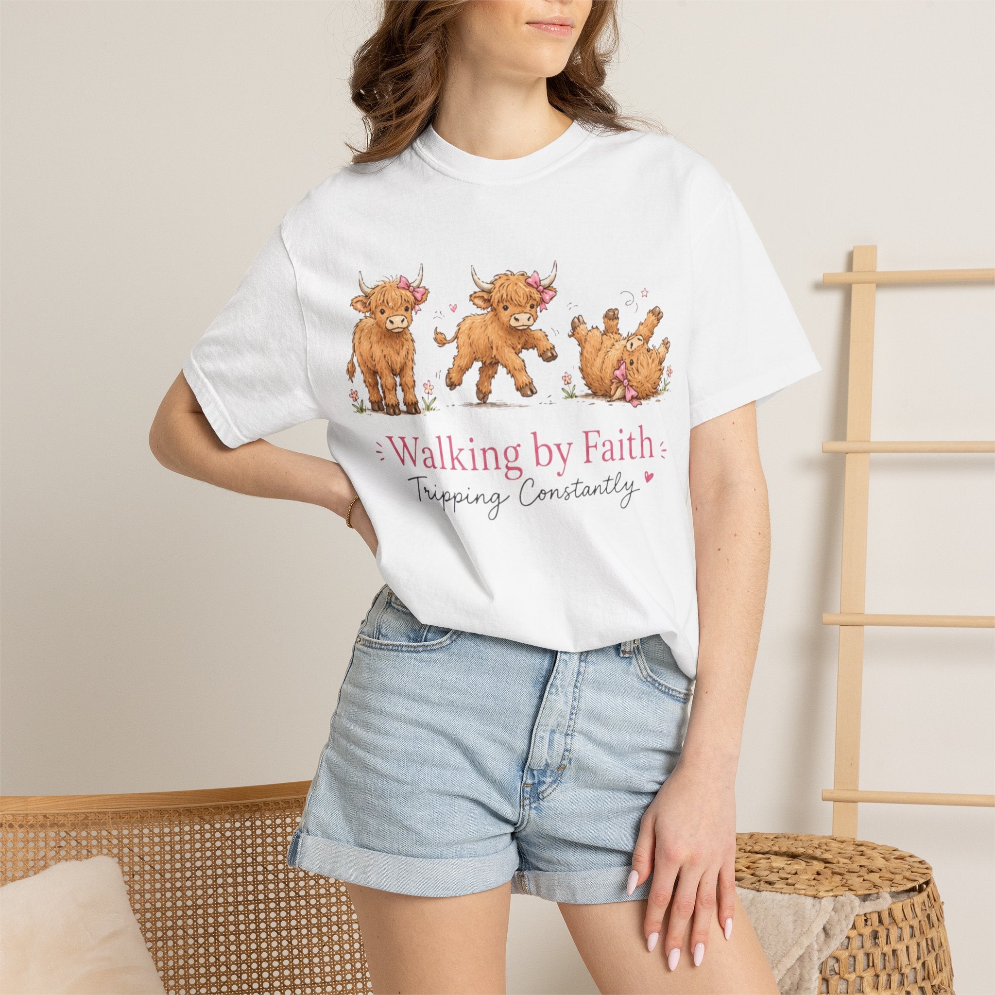 Walking by Faith T‑Shirt — Cute Highland Cow Trio "Walking by Faith, Tripping Constantly"