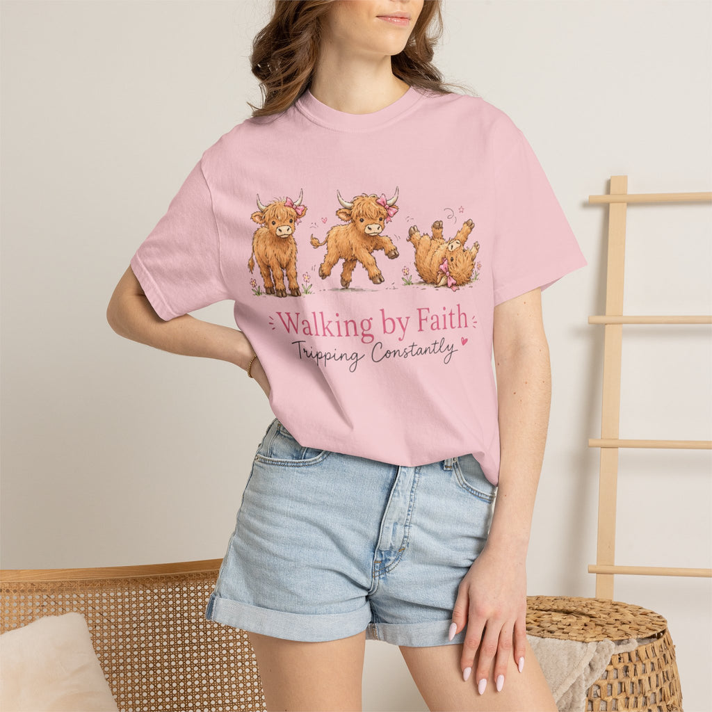 Walking by Faith T‑Shirt — Cute Highland Cow Trio "Walking by Faith, Tripping Constantly"