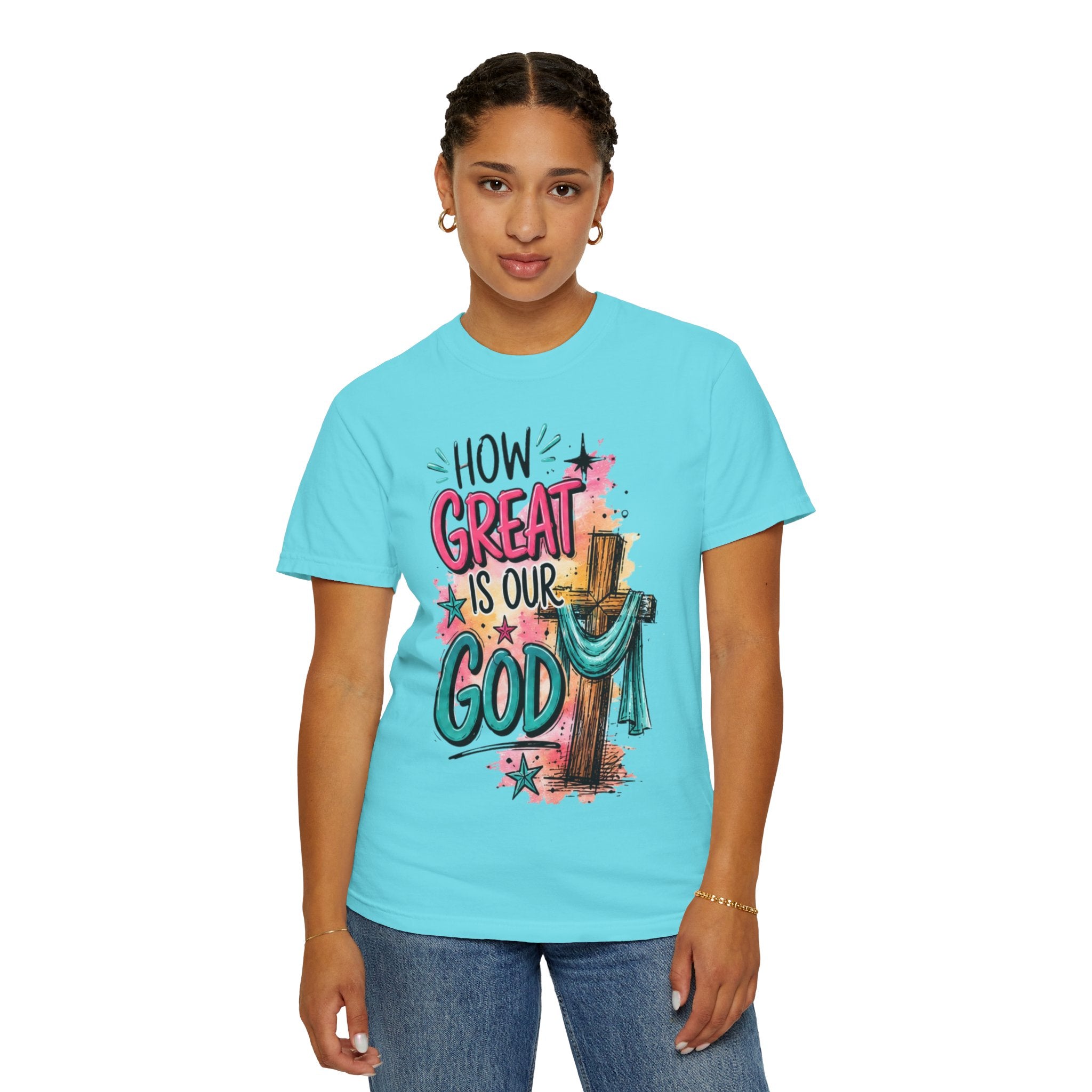 How Great Is Our God Christian T-Shirt — Cross Illustration & Inspirational Scripture Tee