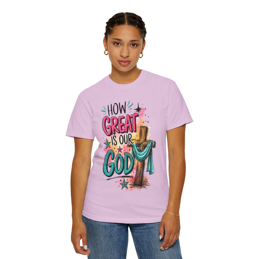 How Great Is Our God Christian T-Shirt — Cross Illustration & Inspirational Scripture Tee