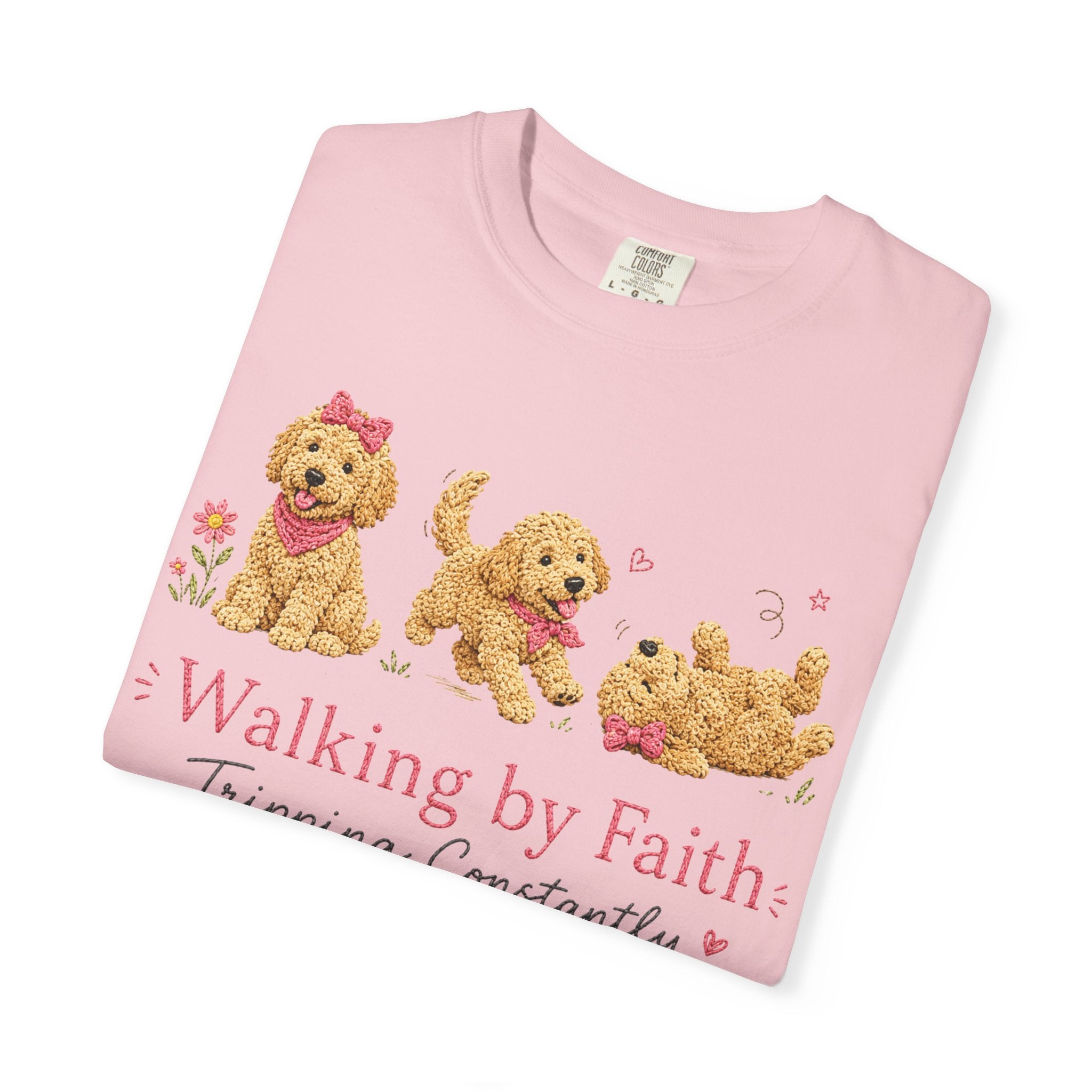 T-Shirt — 'Walking by Faith, Tripping Constantly' Cute Puppy Faith Tee