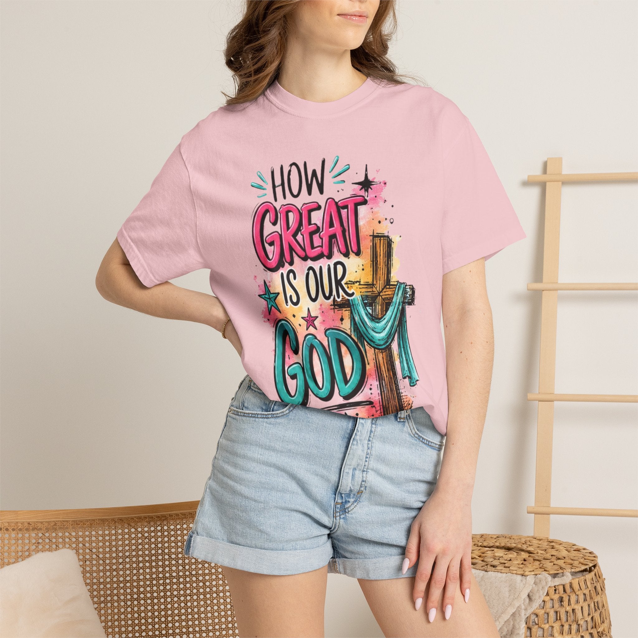 How Great Is Our God Christian T-Shirt — Cross Illustration & Inspirational Scripture Tee