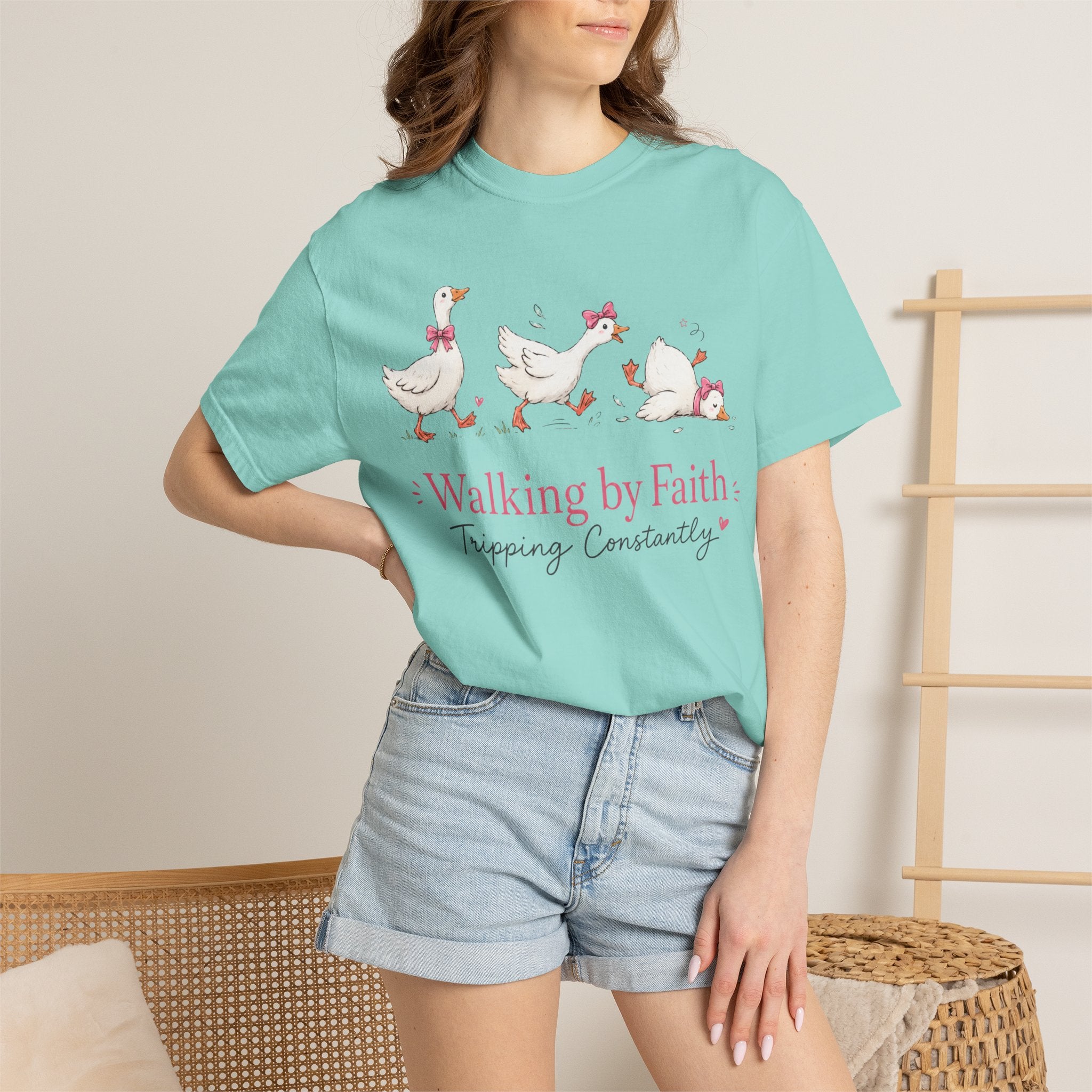 Walking by Faith Duck T‑Shirt — 'Walking by Faith, Tripping Constantly' Cute Christian Tee