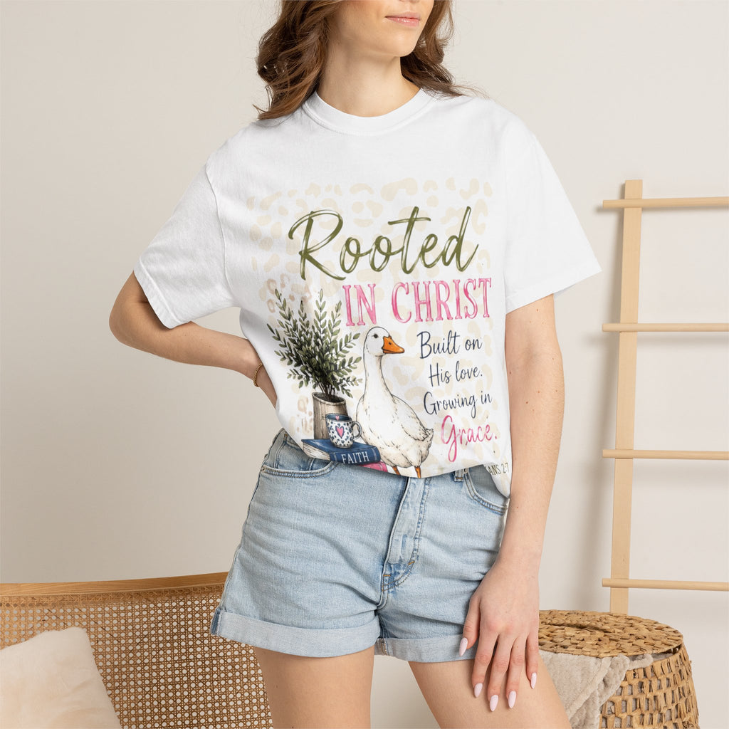 Rooted in Christ T-Shirt — Scripture Goose Faith Design (Colossians 2:7)