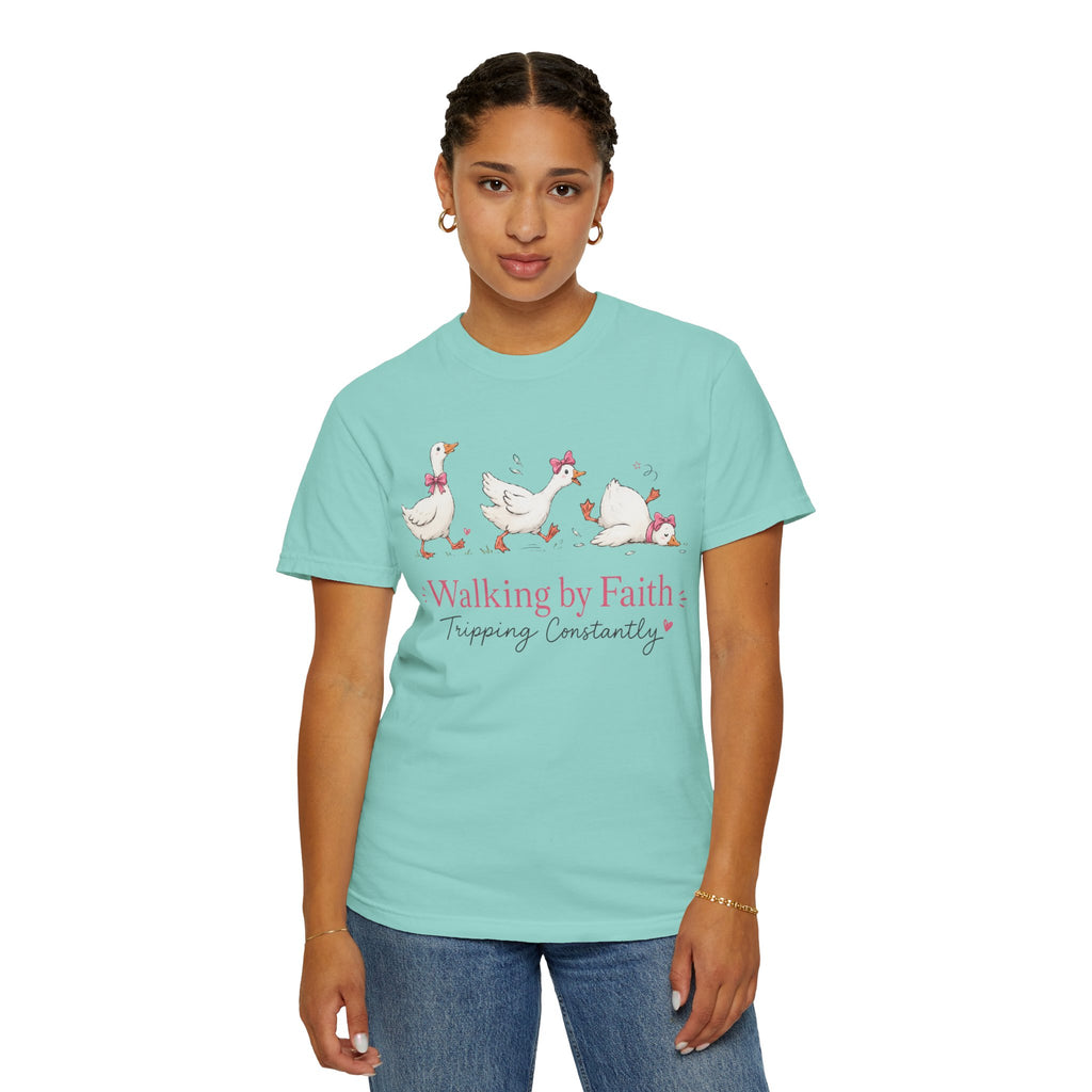 Walking by Faith Duck T‑Shirt — 'Walking by Faith, Tripping Constantly' Cute Christian Tee