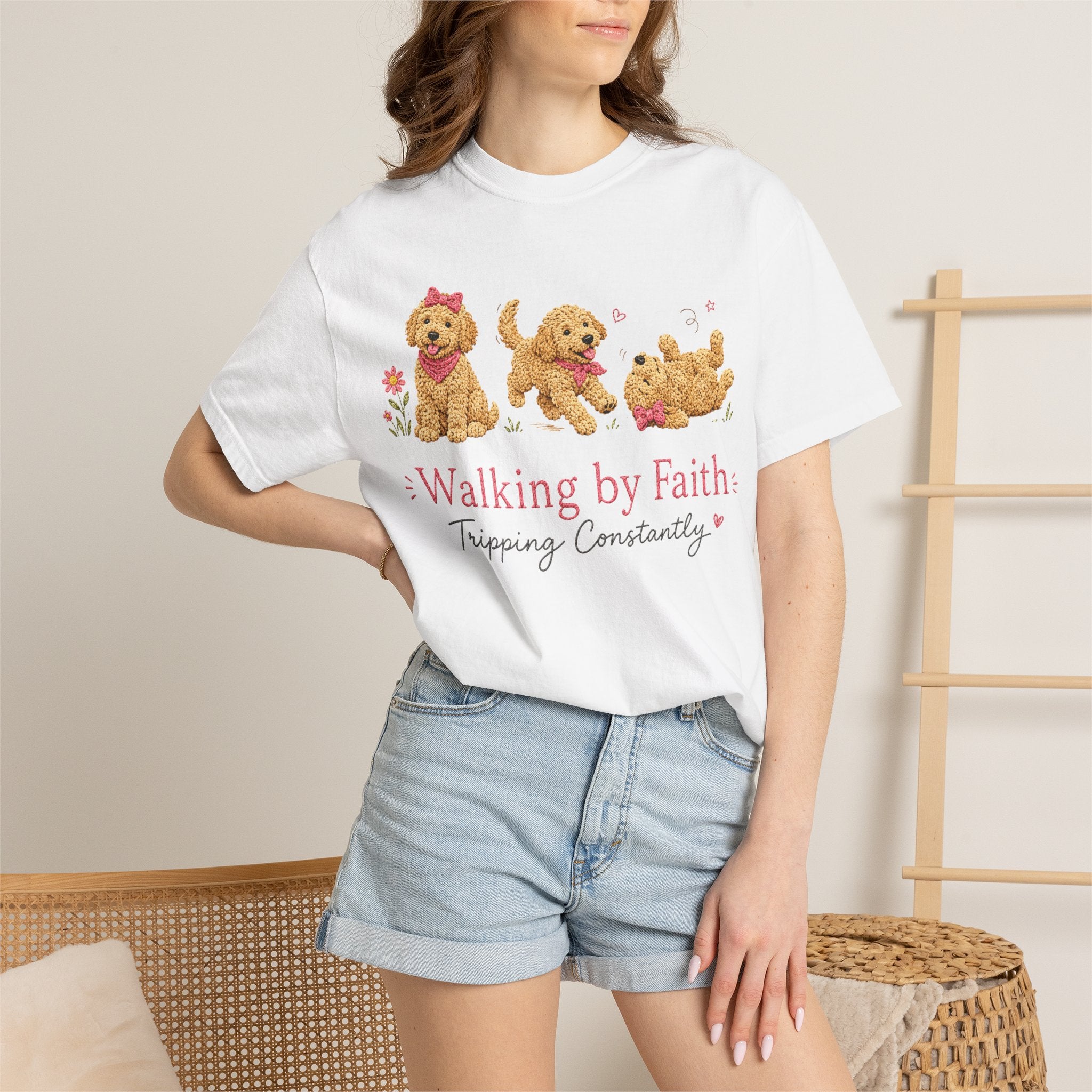T-Shirt — 'Walking by Faith, Tripping Constantly' Cute Puppy Faith Tee