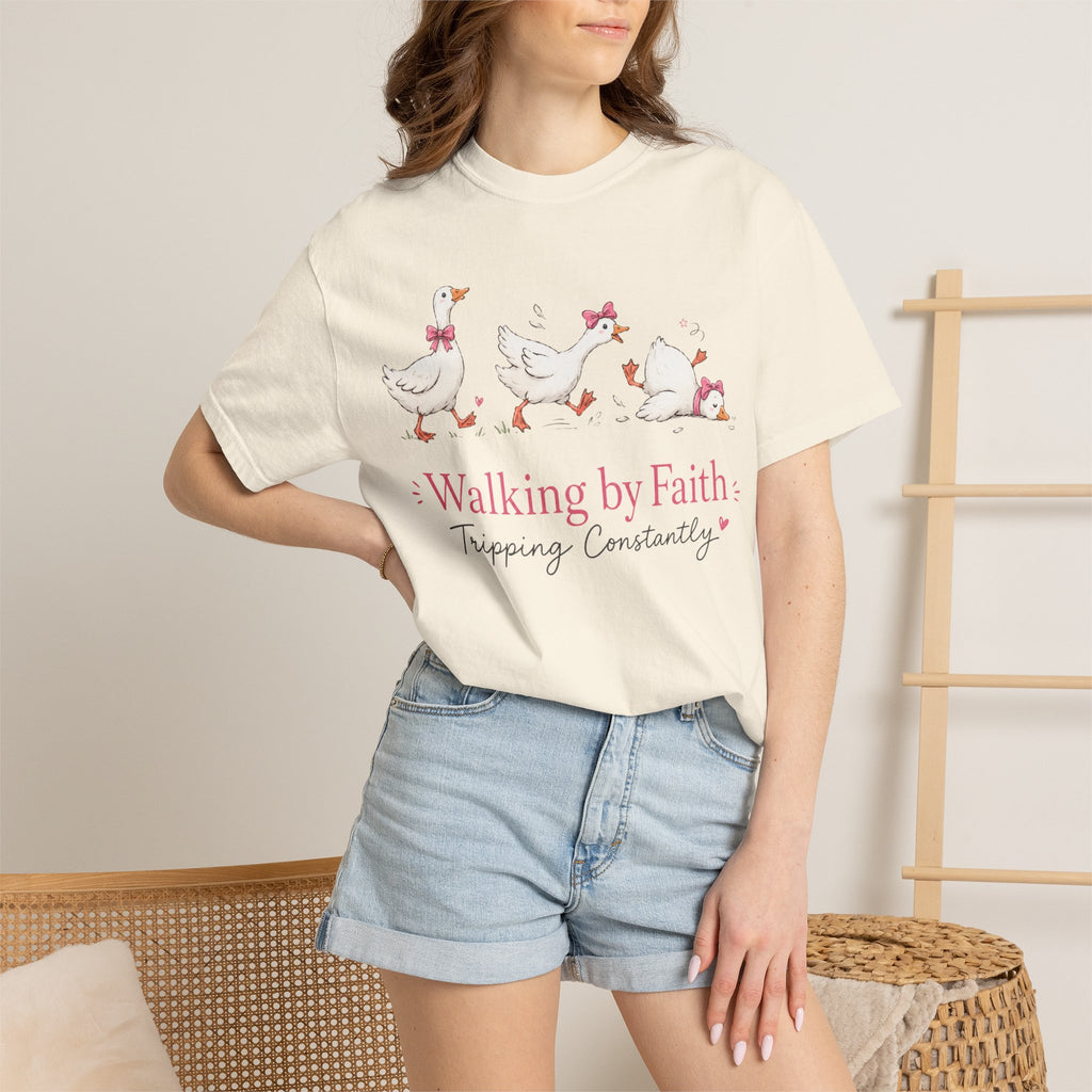 Walking by Faith Duck T‑Shirt — 'Walking by Faith, Tripping Constantly' Cute Christian Tee
