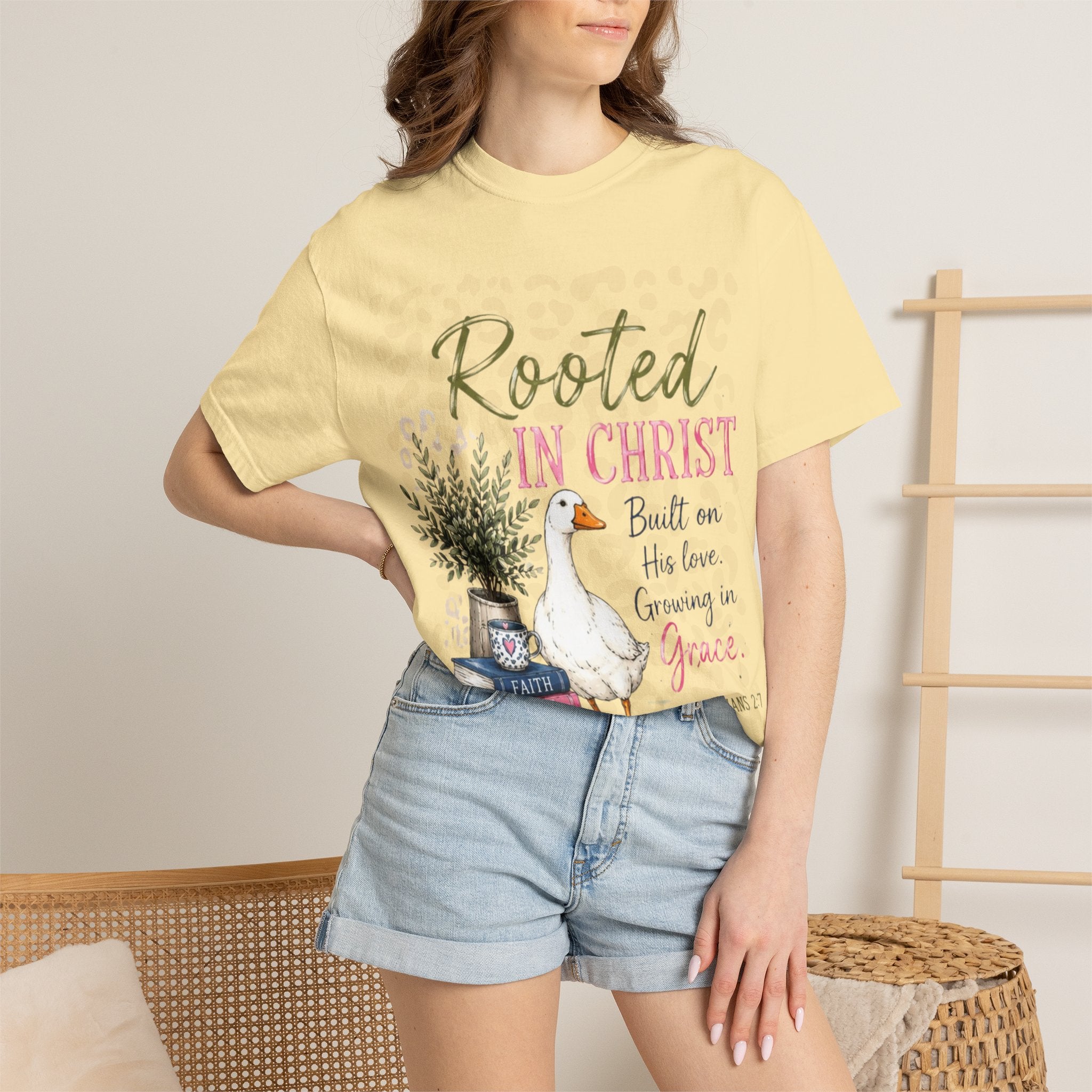 Rooted in Christ T-Shirt — Scripture Goose Faith Design (Colossians 2:7)