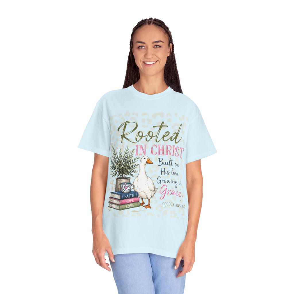 Rooted in Christ T-Shirt — Scripture Goose Faith Design (Colossians 2:7)