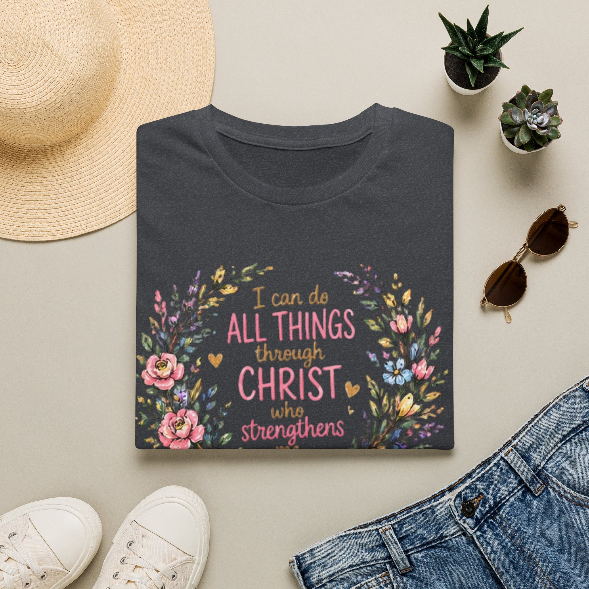 Christian Floral T‑Shirt — "I Can Do All Things Through Christ" Inspirational Tee