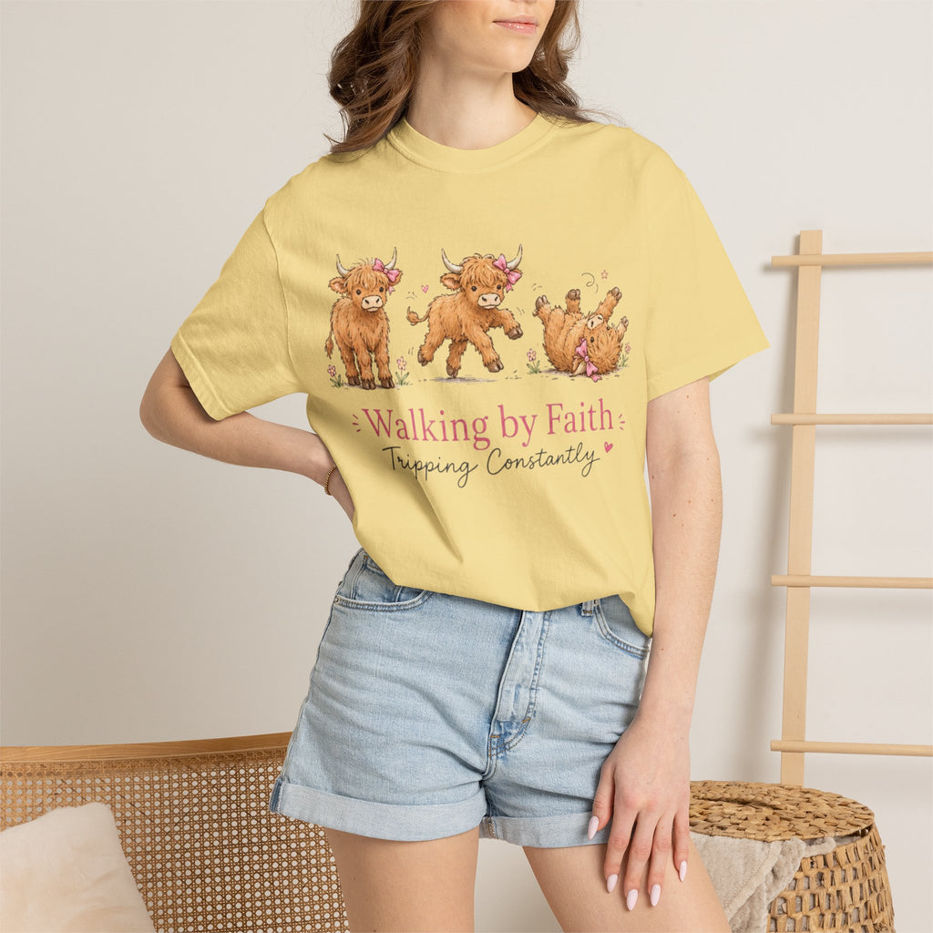 Walking by Faith T‑Shirt — Cute Highland Cow Trio "Walking by Faith, Tripping Constantly"