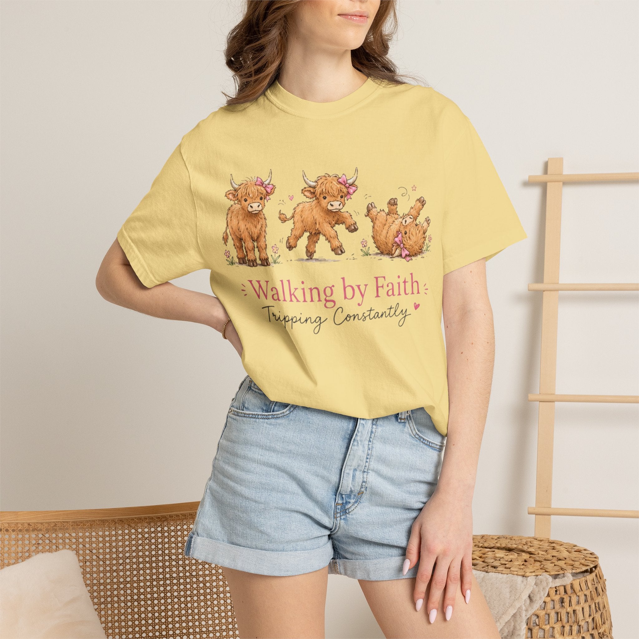 Walking by Faith T‑Shirt — Cute Highland Cow Trio "Walking by Faith, Tripping Constantly"