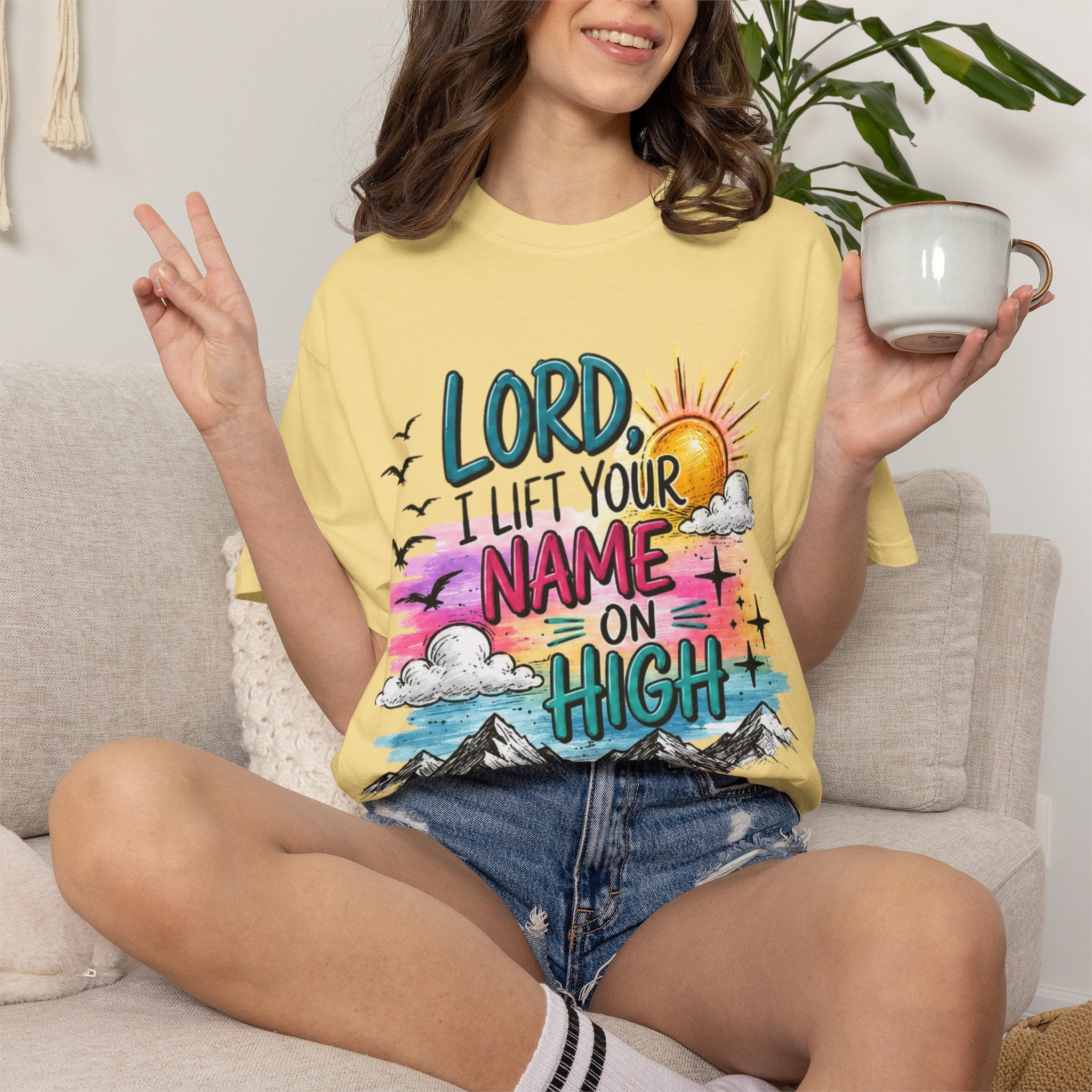 Faith Graphic T-Shirt — "Lord I Lift Your Name on High" Sunrise Design