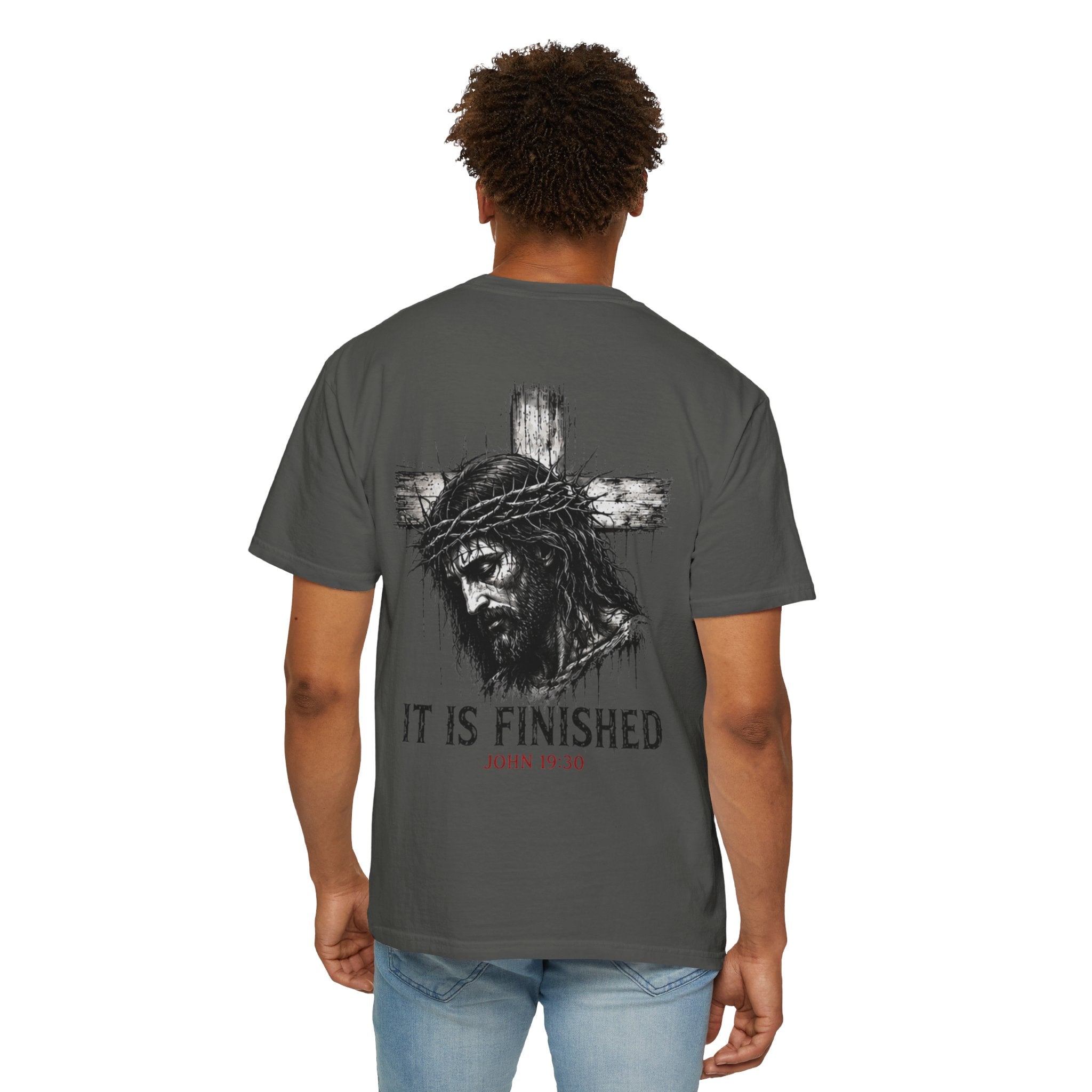 Religious T-Shirt - 'It Is Finished' Jesus Crown of Thorns Cross Tee (John 19:30)