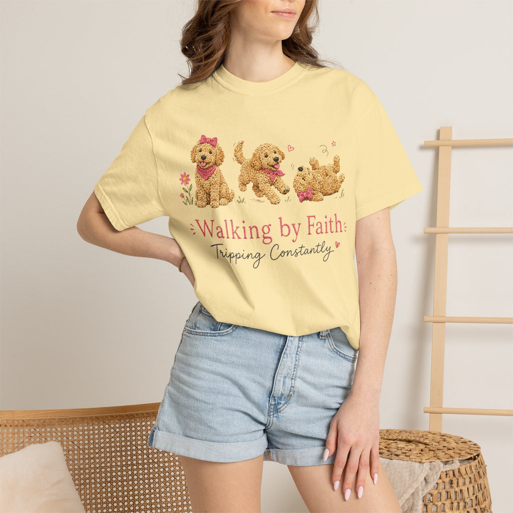 T-Shirt — 'Walking by Faith, Tripping Constantly' Cute Puppy Faith Tee