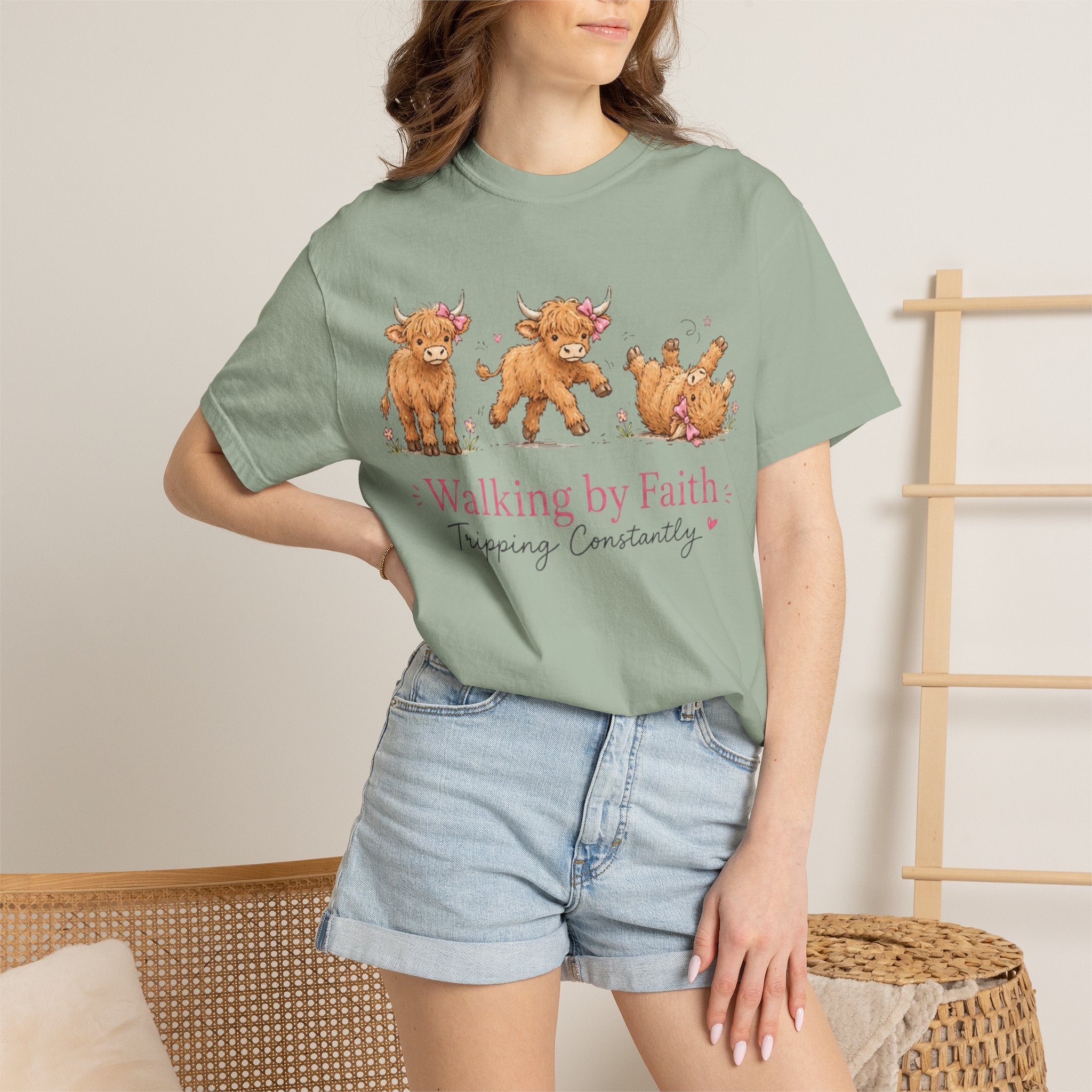 Walking by Faith T‑Shirt — Cute Highland Cow Trio "Walking by Faith, Tripping Constantly"