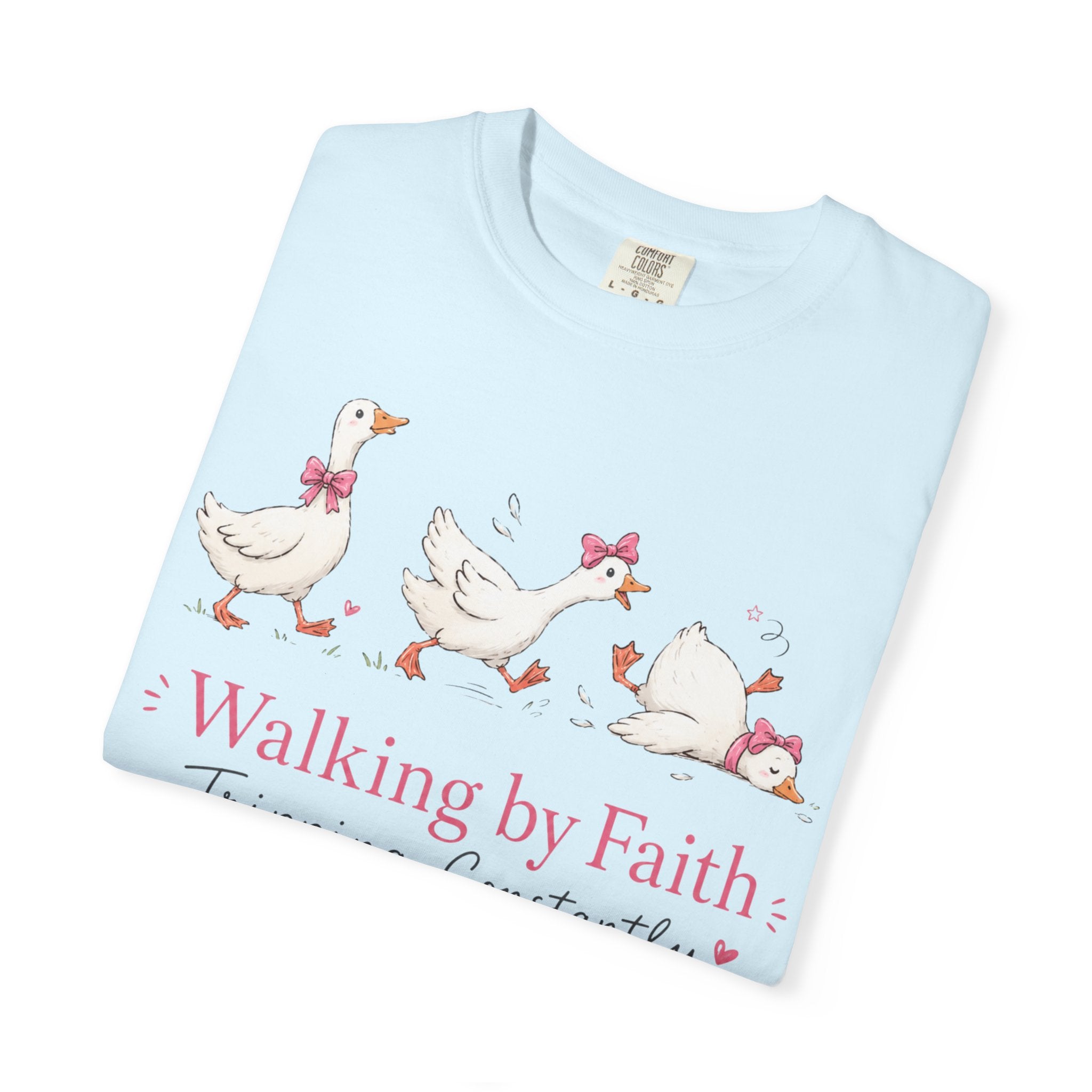 Walking by Faith Duck T‑Shirt — 'Walking by Faith, Tripping Constantly' Cute Christian Tee