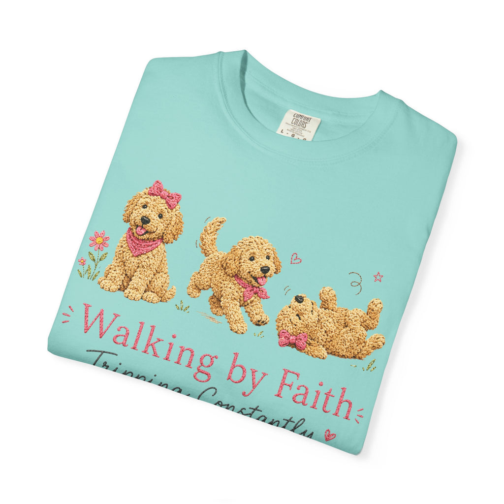 T-Shirt — 'Walking by Faith, Tripping Constantly' Cute Puppy Faith Tee
