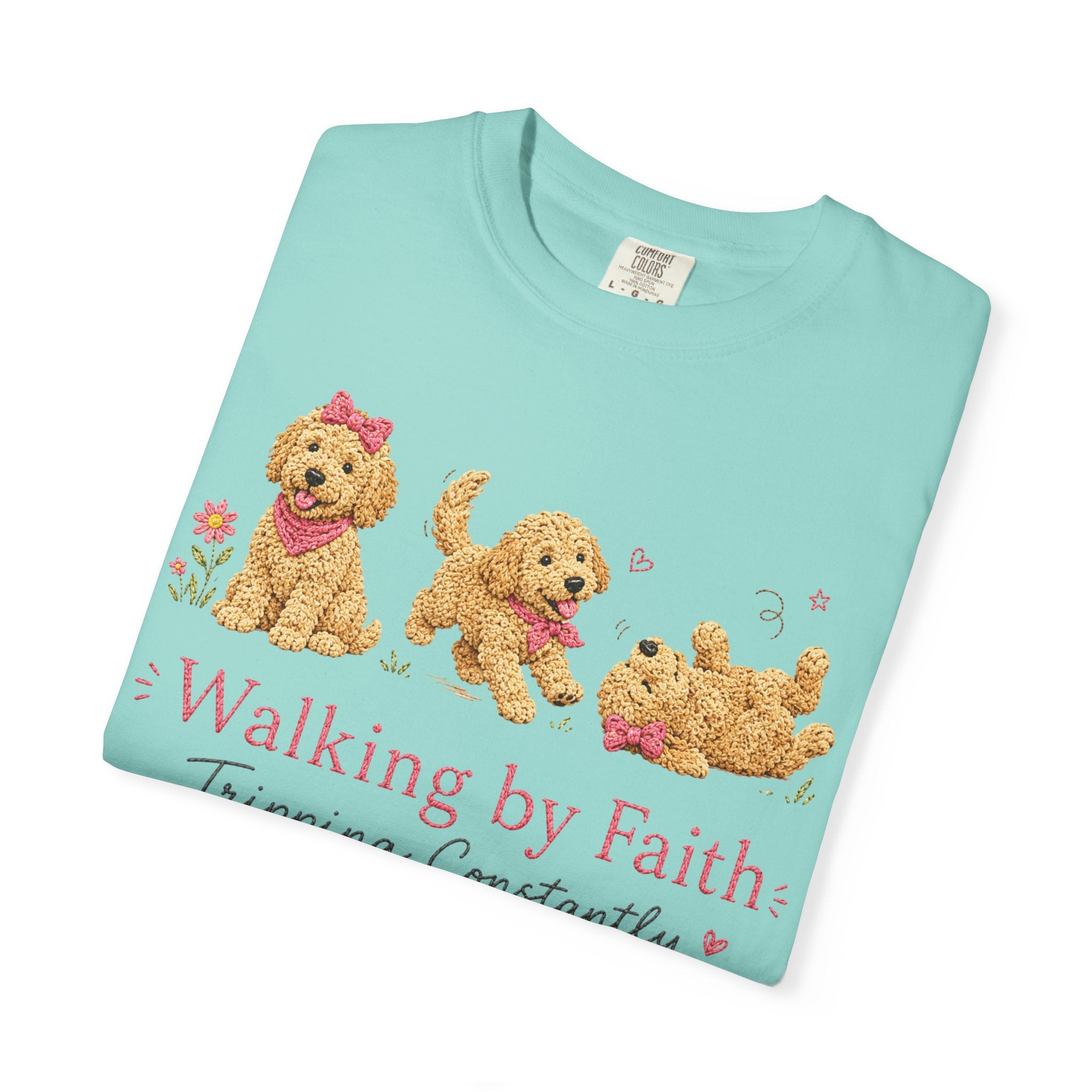 T-Shirt — 'Walking by Faith, Tripping Constantly' Cute Puppy Faith Tee