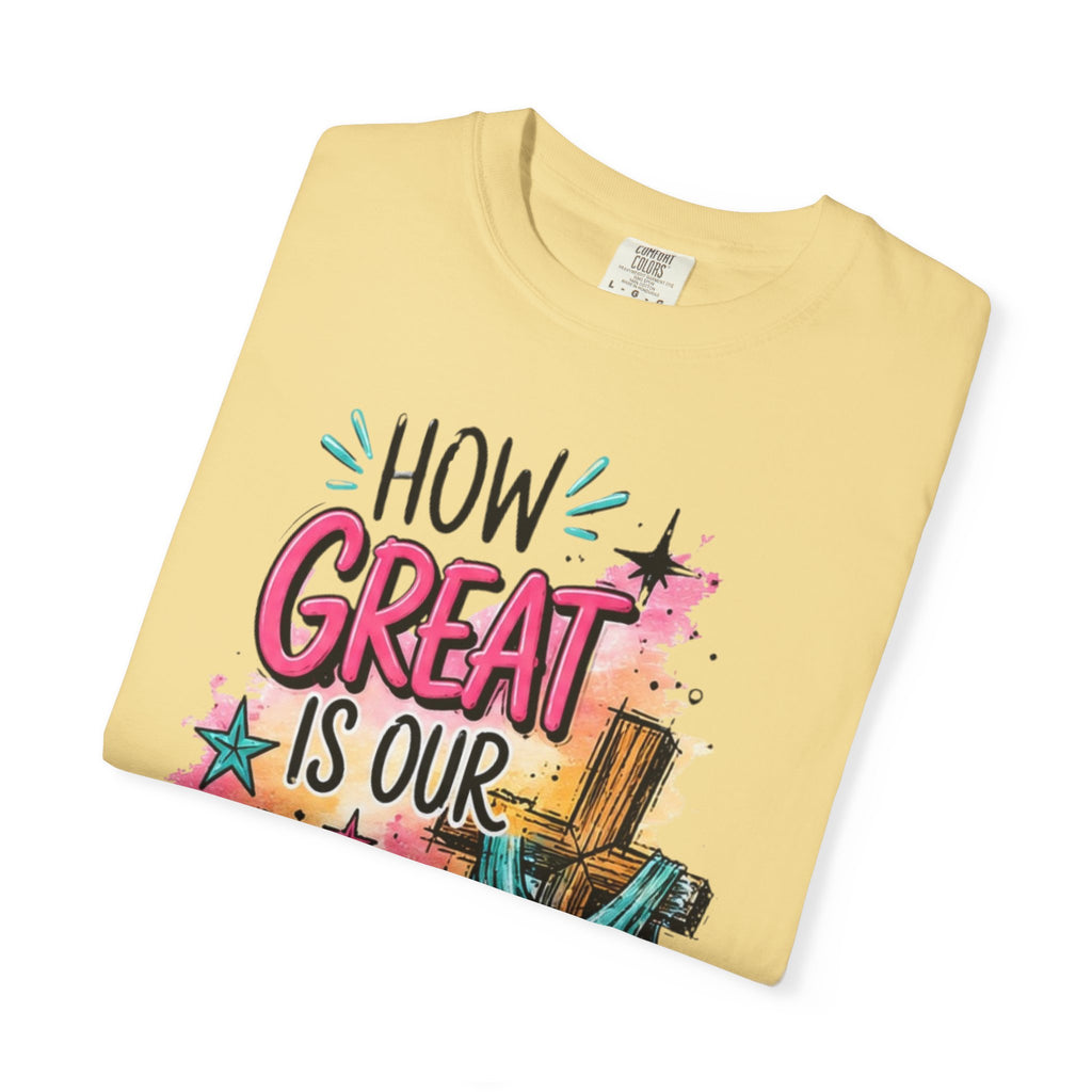 How Great Is Our God Christian T-Shirt — Cross Illustration & Inspirational Scripture Tee
