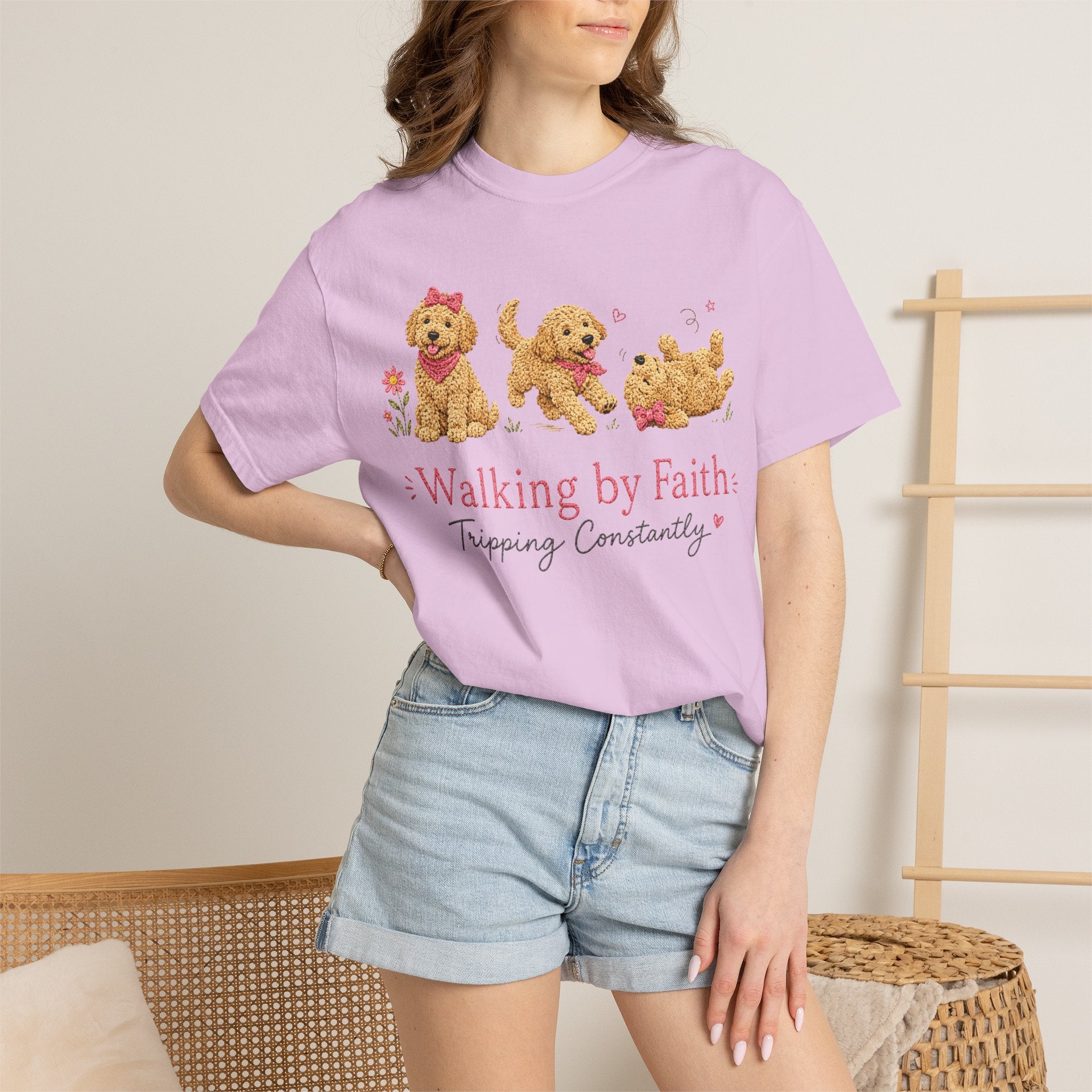T-Shirt — 'Walking by Faith, Tripping Constantly' Cute Puppy Faith Tee