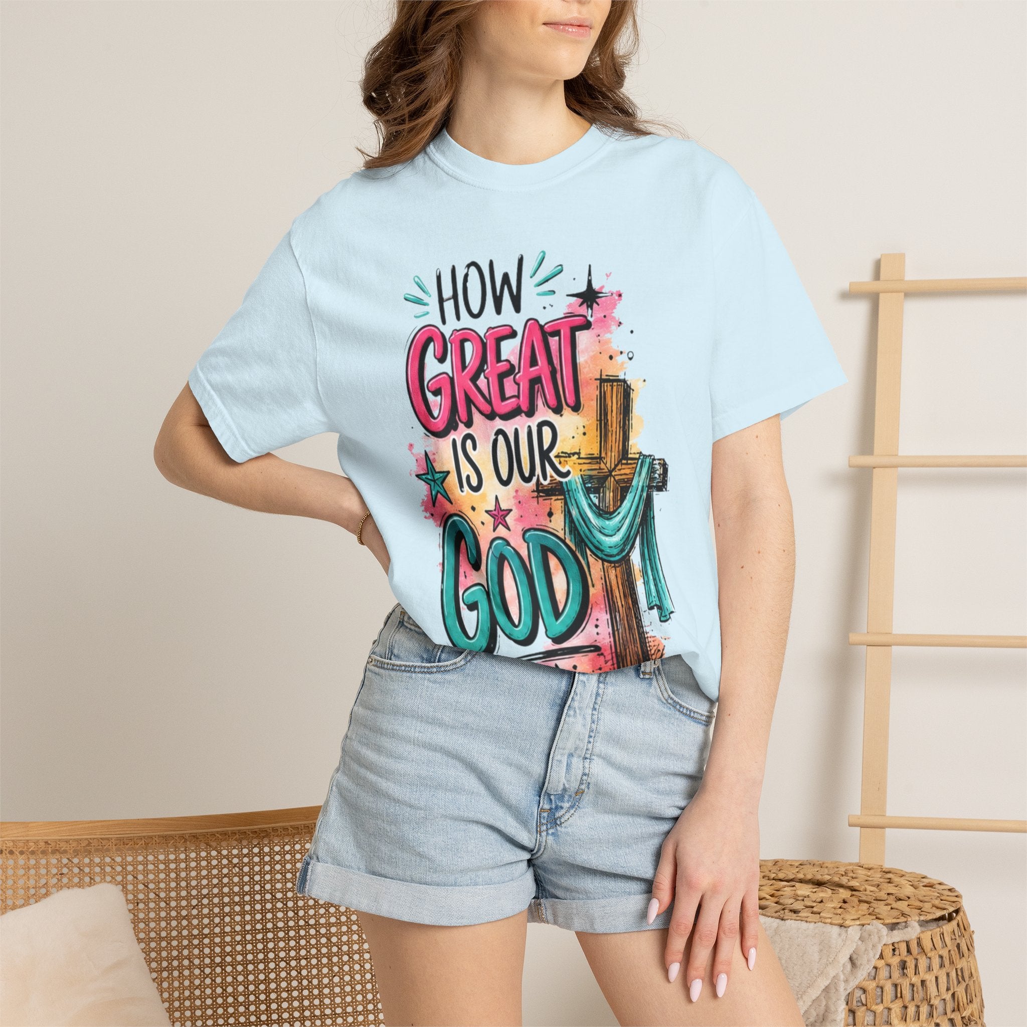 How Great Is Our God Christian T-Shirt — Cross Illustration & Inspirational Scripture Tee
