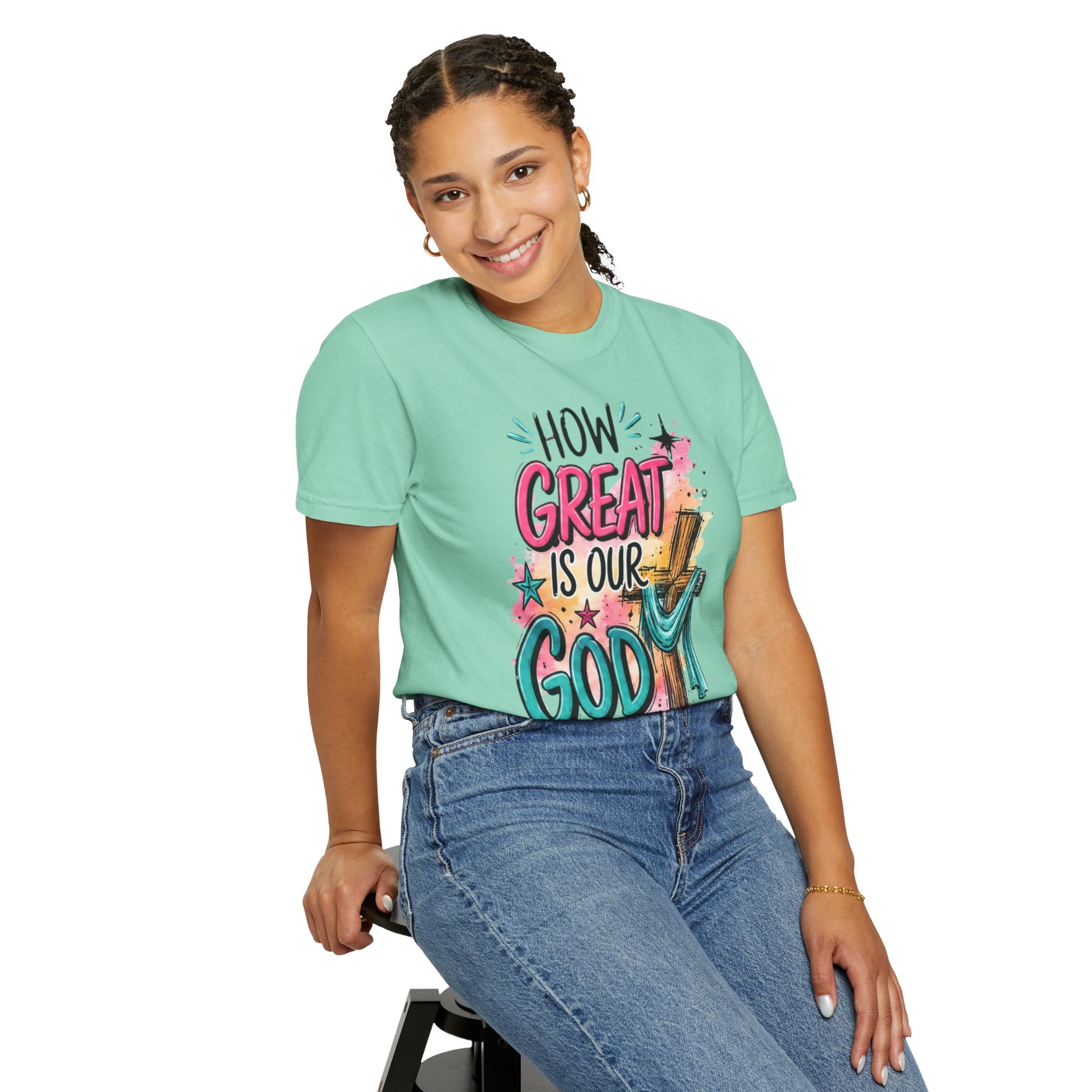 How Great Is Our God Christian T-Shirt — Cross Illustration & Inspirational Scripture Tee
