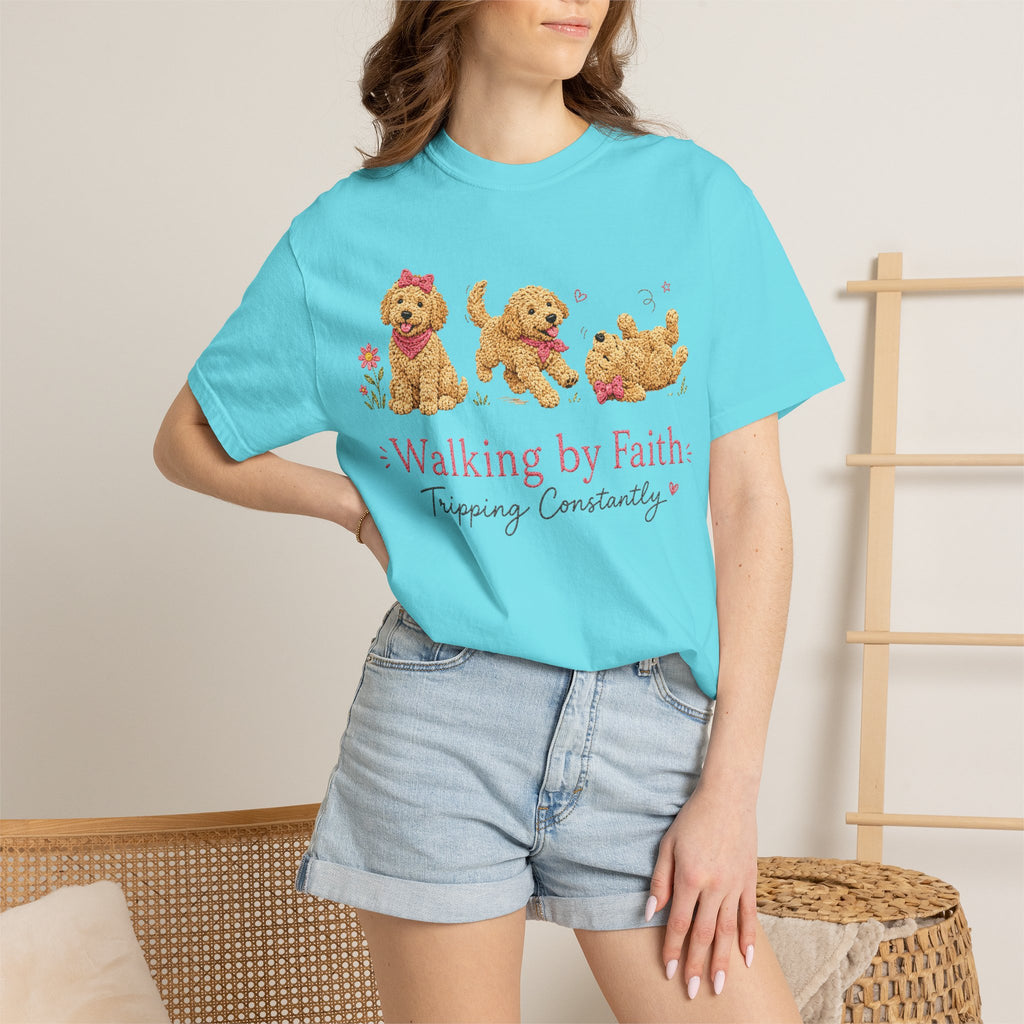 T-Shirt — 'Walking by Faith, Tripping Constantly' Cute Puppy Faith Tee
