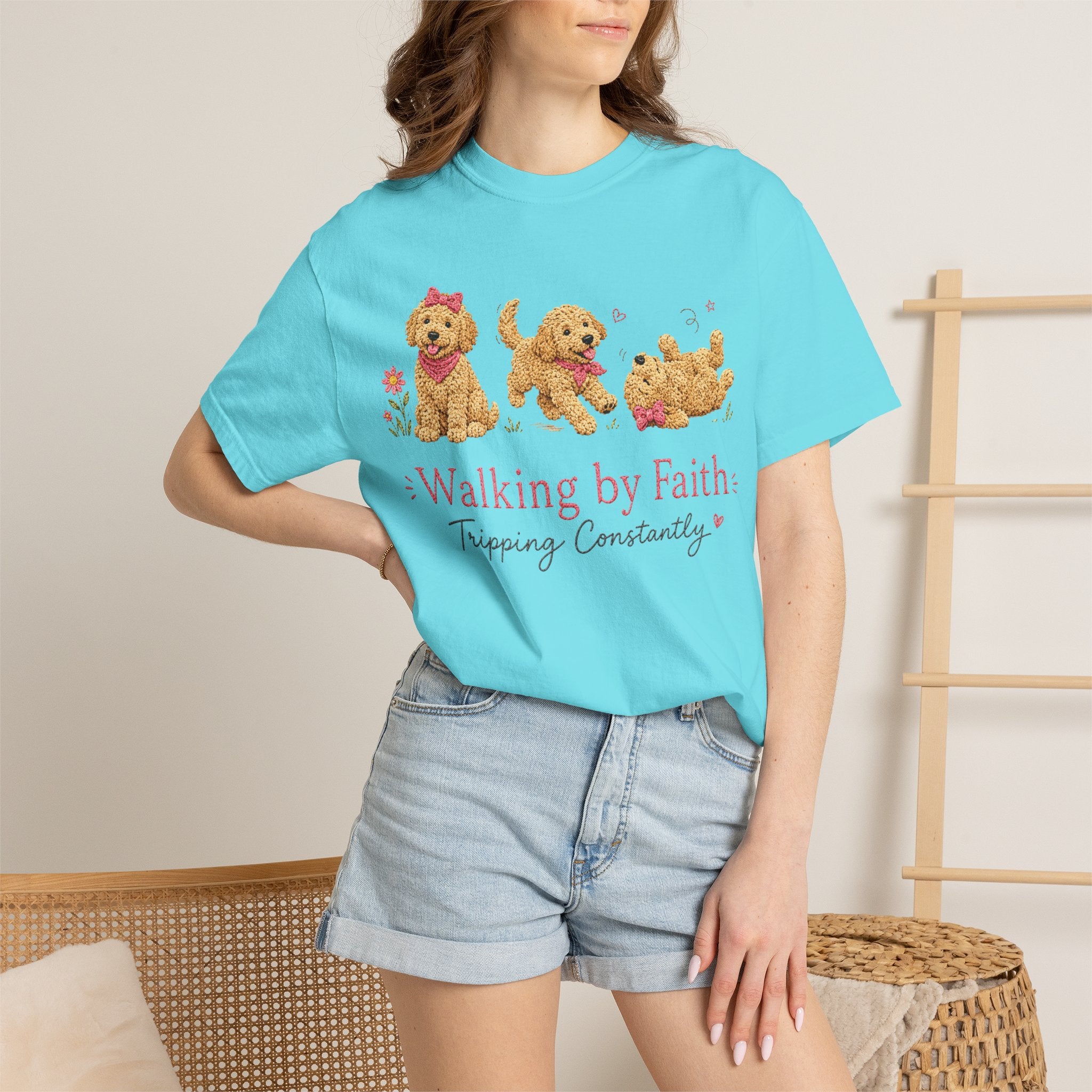 T-Shirt — 'Walking by Faith, Tripping Constantly' Cute Puppy Faith Tee