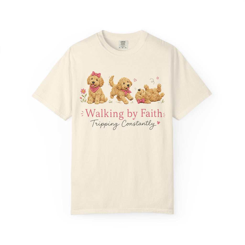 T-Shirt — 'Walking by Faith, Tripping Constantly' Cute Puppy Faith Tee