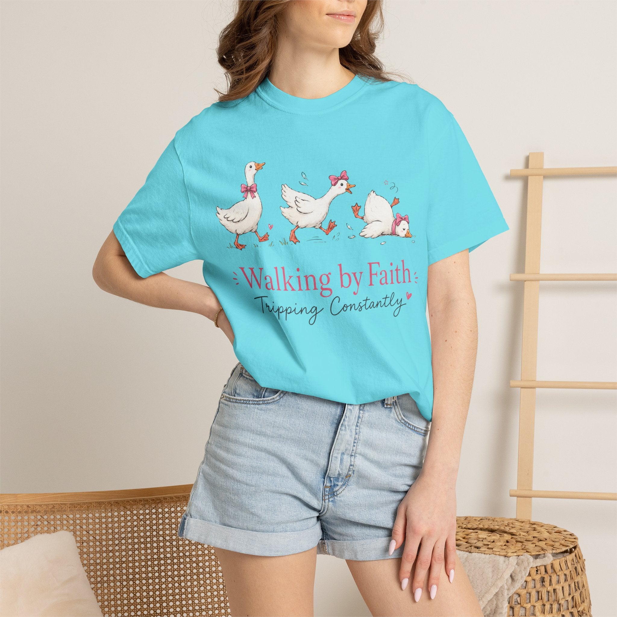 Walking by Faith Duck T‑Shirt — 'Walking by Faith, Tripping Constantly' Cute Christian Tee