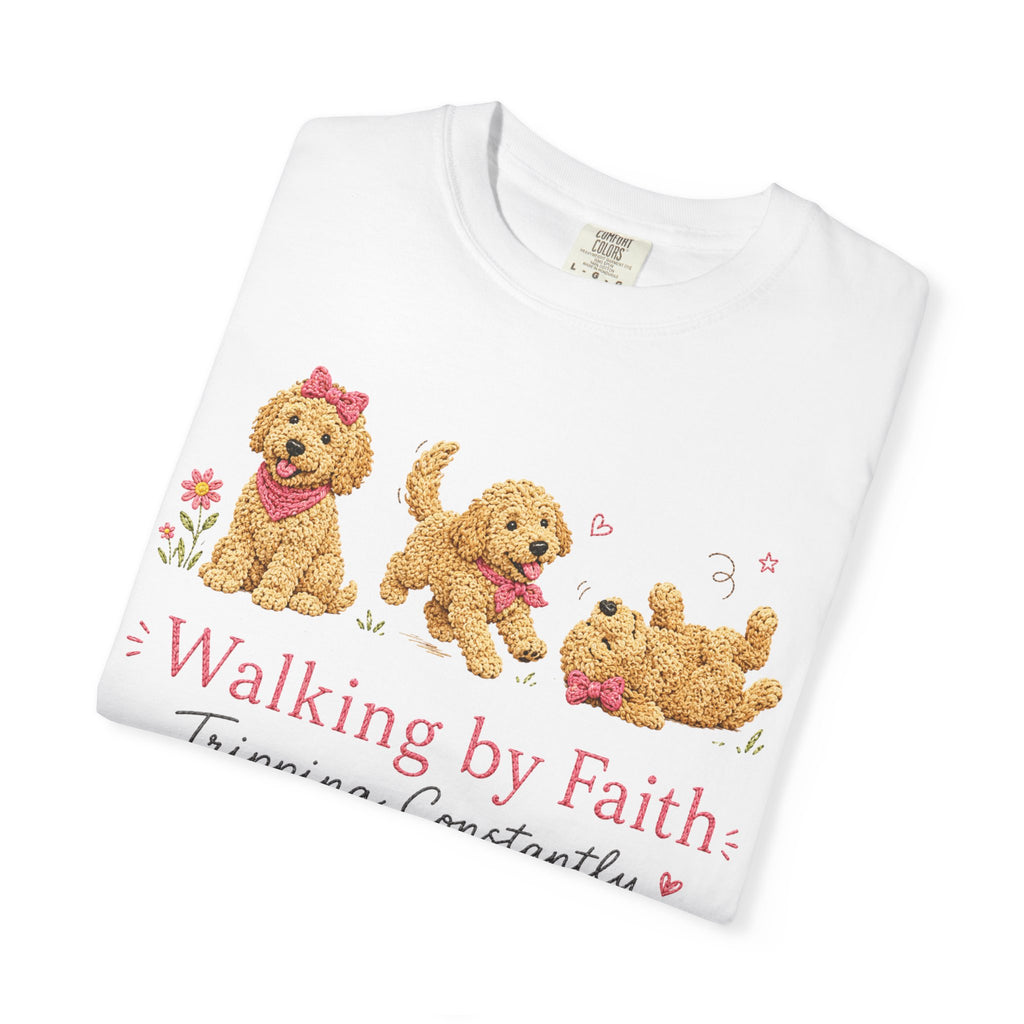T-Shirt — 'Walking by Faith, Tripping Constantly' Cute Puppy Faith Tee