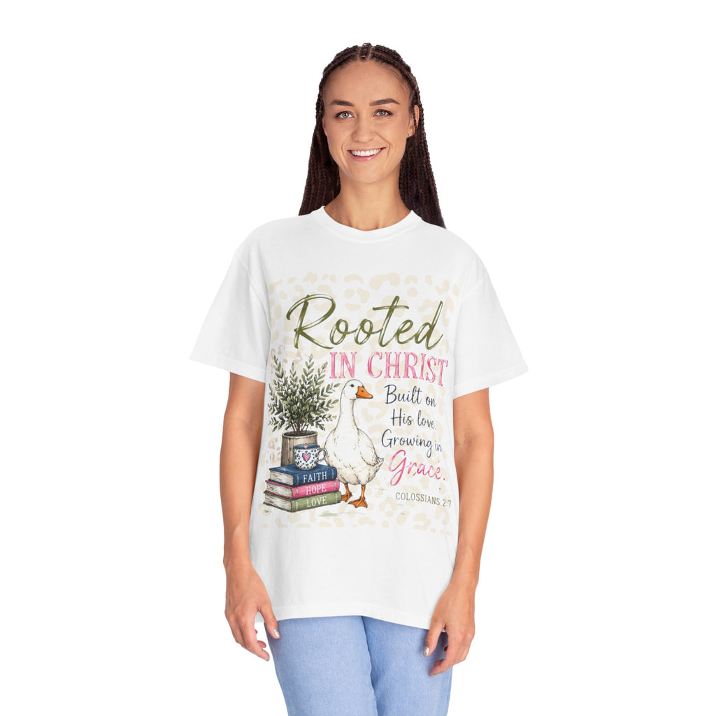Rooted in Christ T-Shirt — Scripture Goose Faith Design (Colossians 2:7)