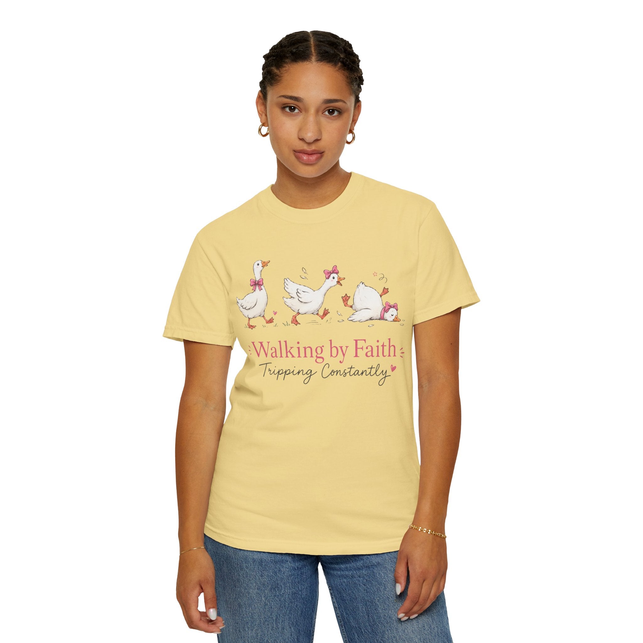 Walking by Faith Duck T‑Shirt — 'Walking by Faith, Tripping Constantly' Cute Christian Tee