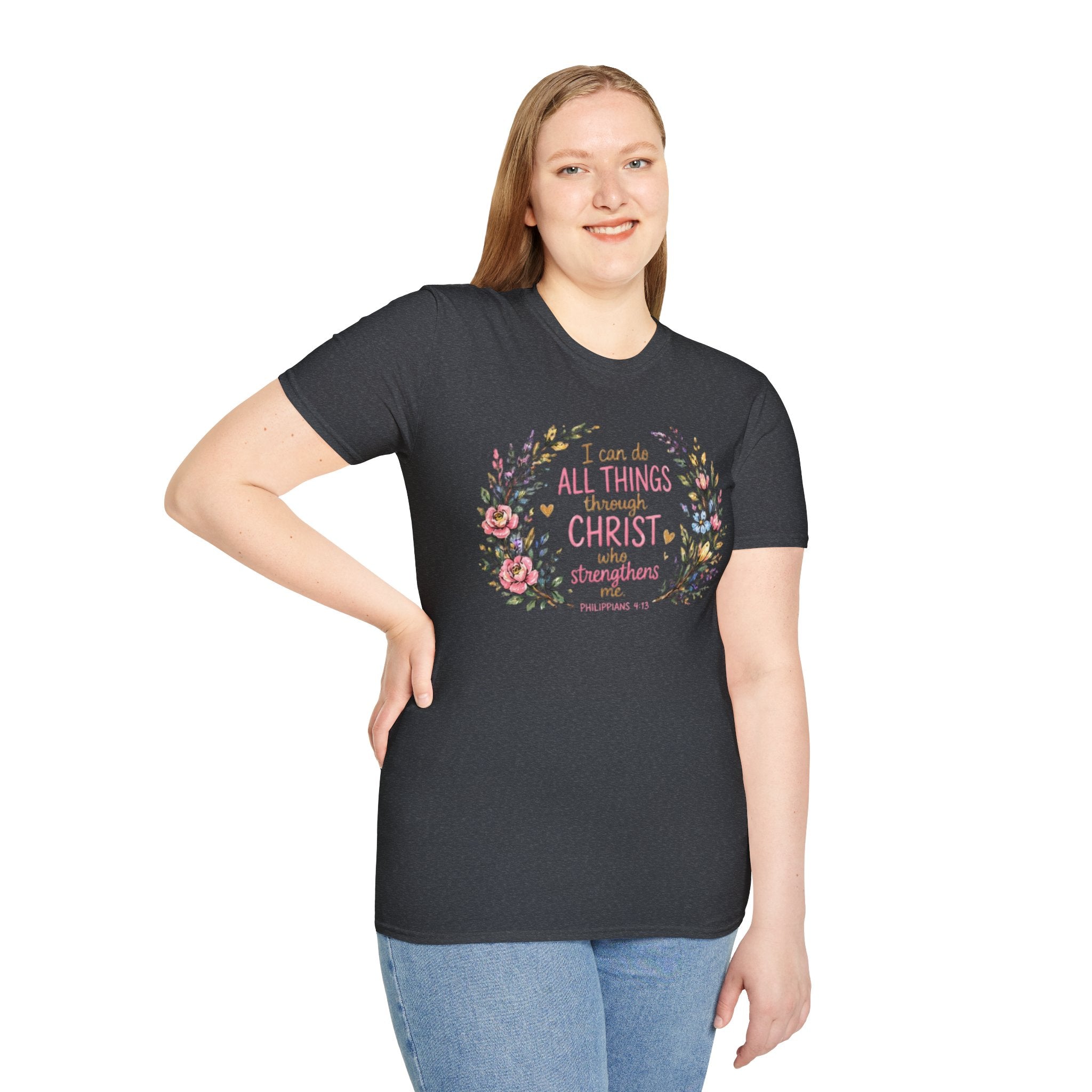 Christian Floral T‑Shirt — "I Can Do All Things Through Christ" Inspirational Tee