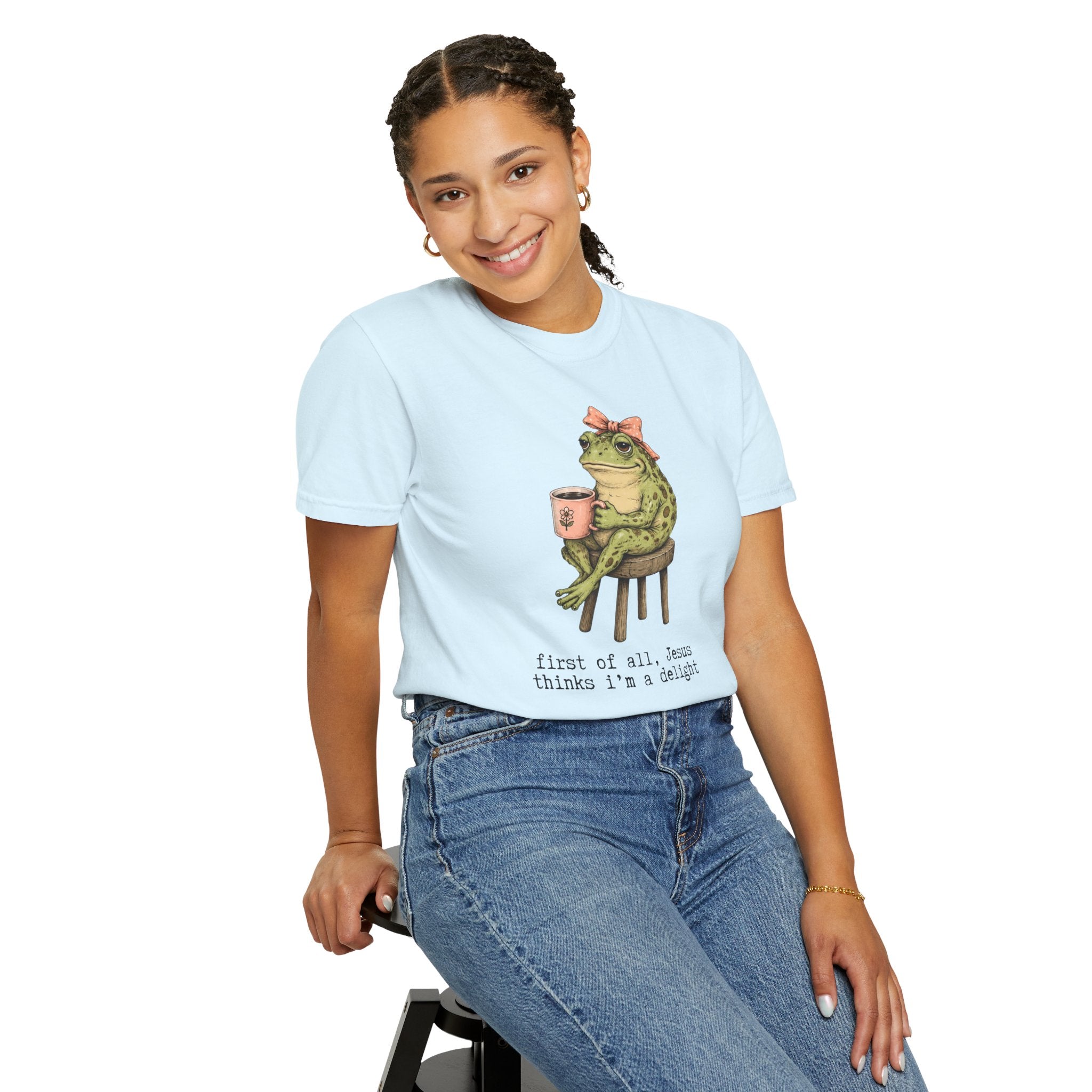 T-Shirt — "First of all, Jesus thinks I'm a delight" Frog Graphic
