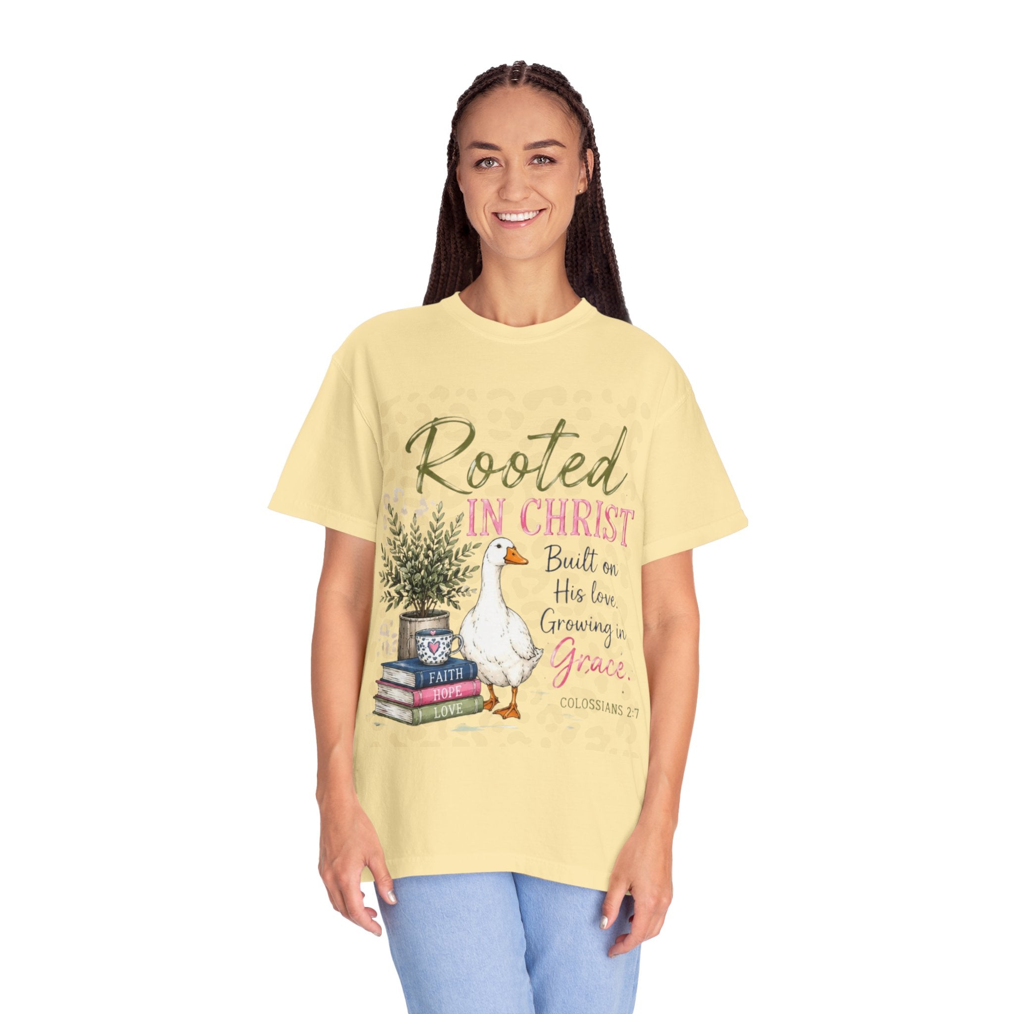 Rooted in Christ T-Shirt — Scripture Goose Faith Design (Colossians 2:7)