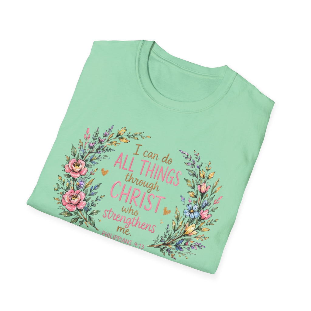 Christian Floral T‑Shirt — "I Can Do All Things Through Christ" Inspirational Tee