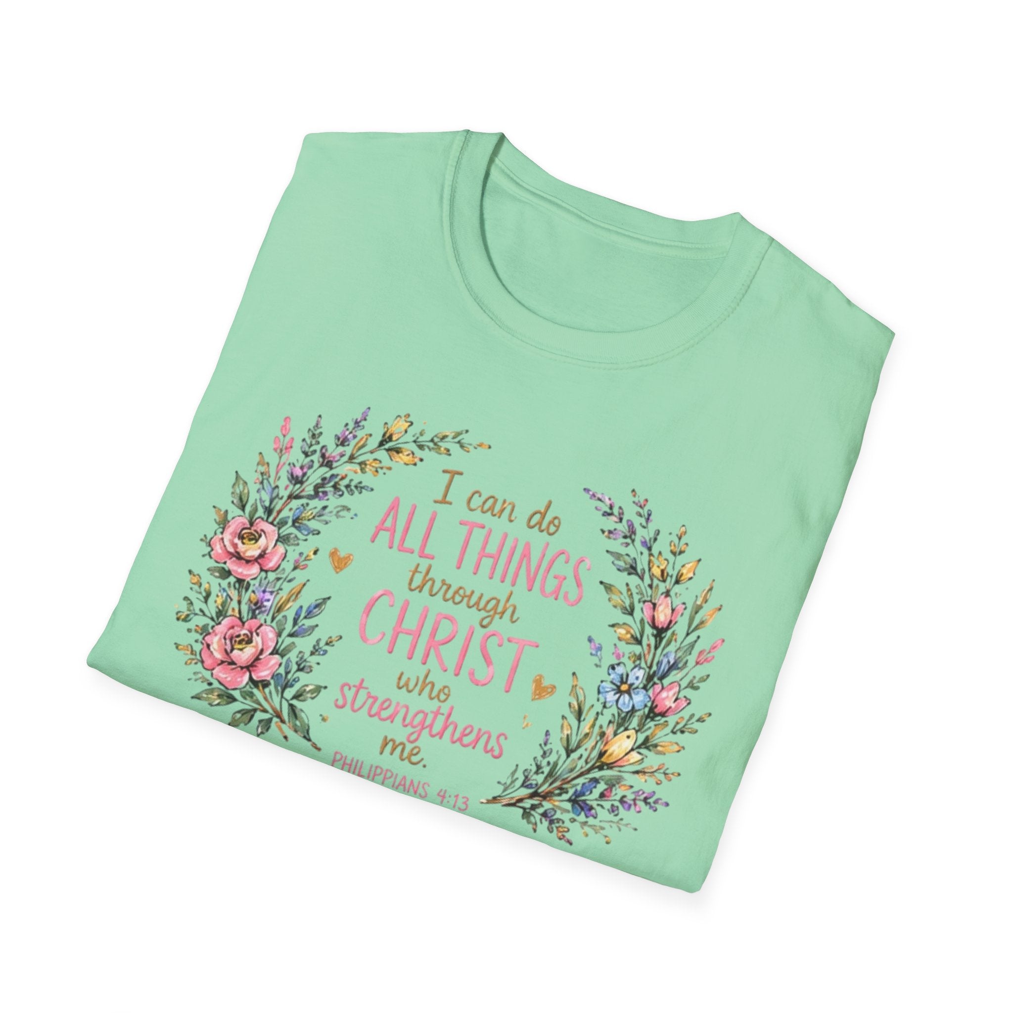Christian Floral T‑Shirt — "I Can Do All Things Through Christ" Inspirational Tee