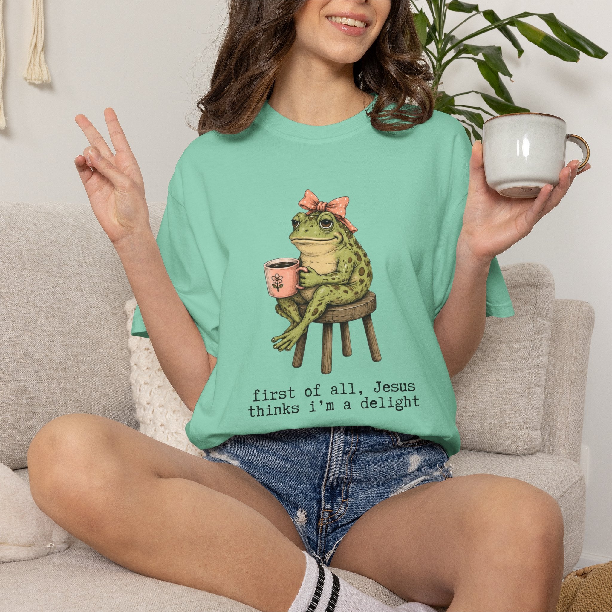 T-Shirt — "First of all, Jesus thinks I'm a delight" Frog Graphic