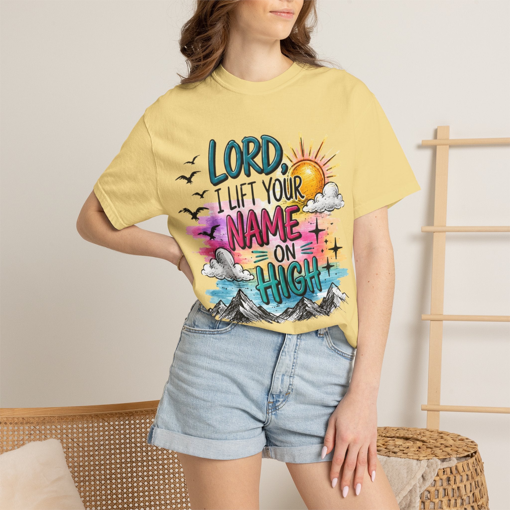 Faith Graphic T-Shirt — "Lord I Lift Your Name on High" Sunrise Design