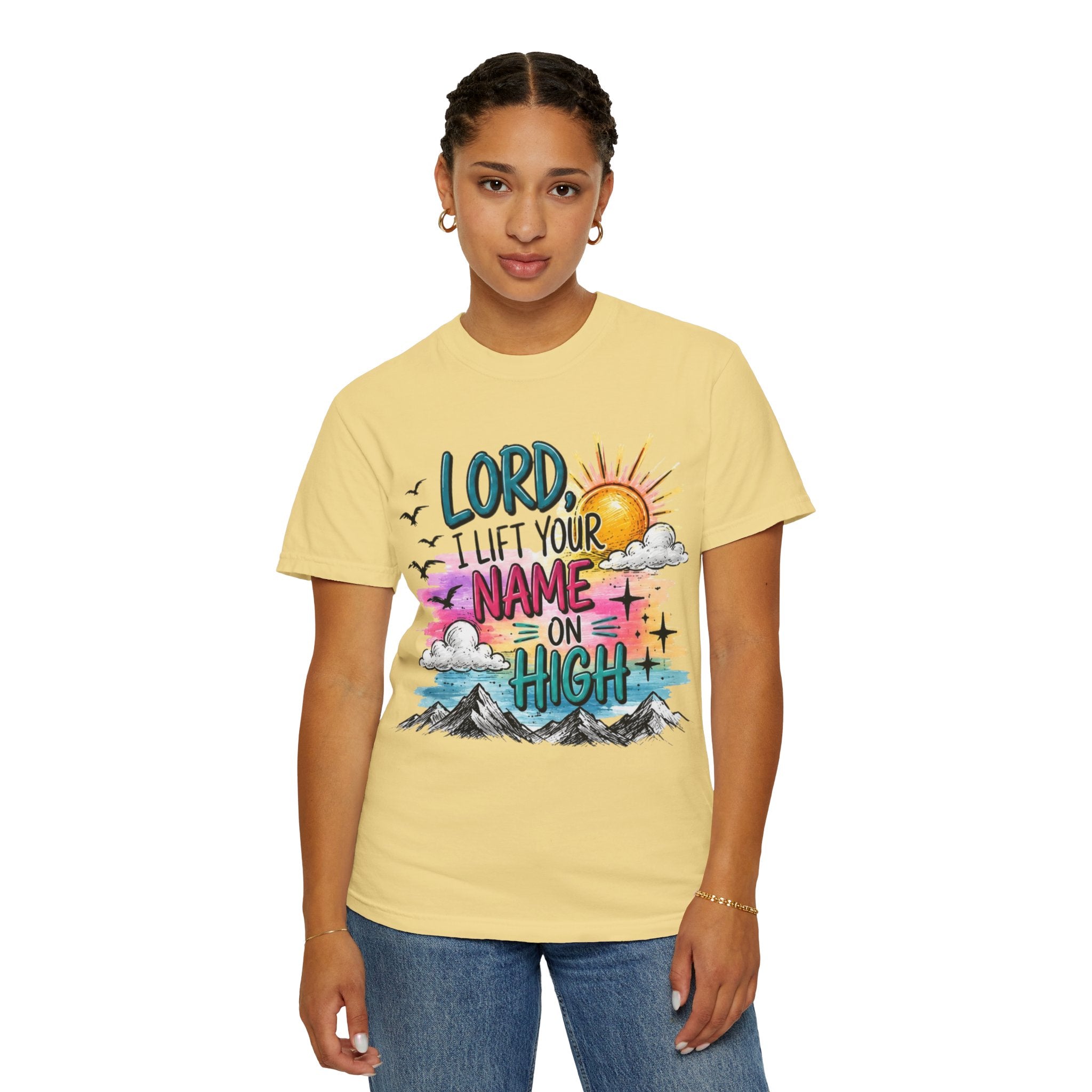 Faith Graphic T-Shirt — "Lord I Lift Your Name on High" Sunrise Design